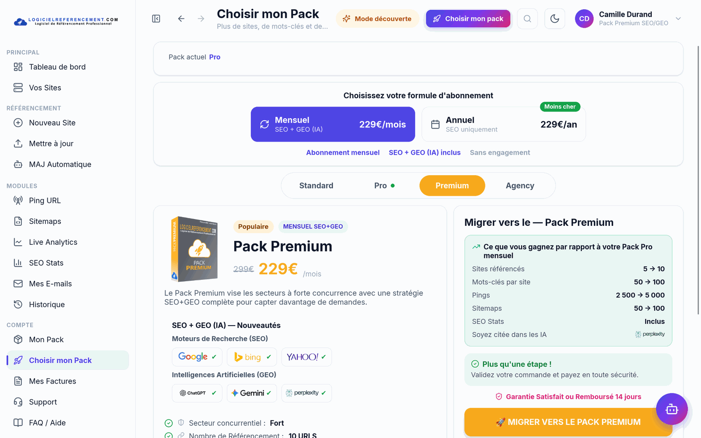 Changer de pack Changer de pack SEO/GEO pour accompagner la croissance de son activité