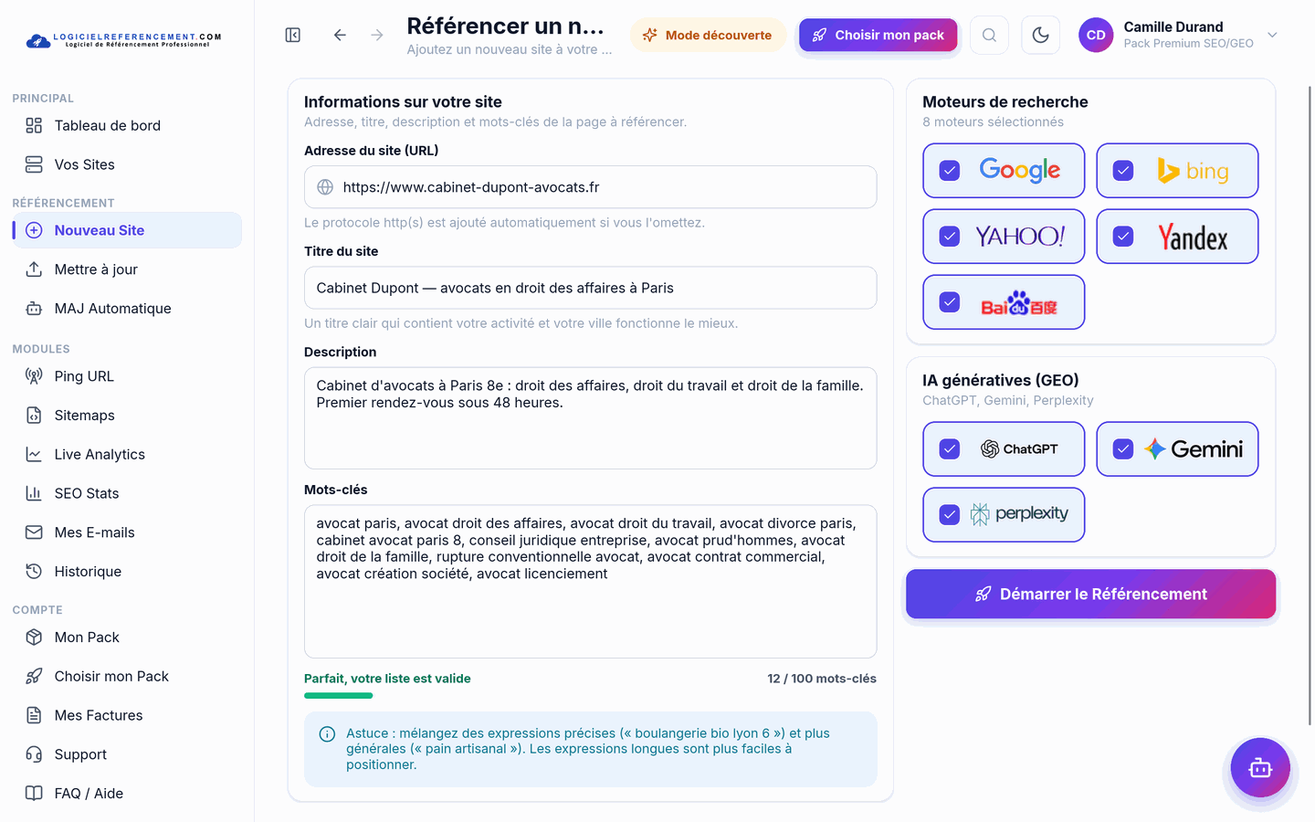 Saisie des mots-clés et choix des moteurs de recherche et des IA Choix des mots-clés et des moteurs de recherche et IA où faire apparaître son site