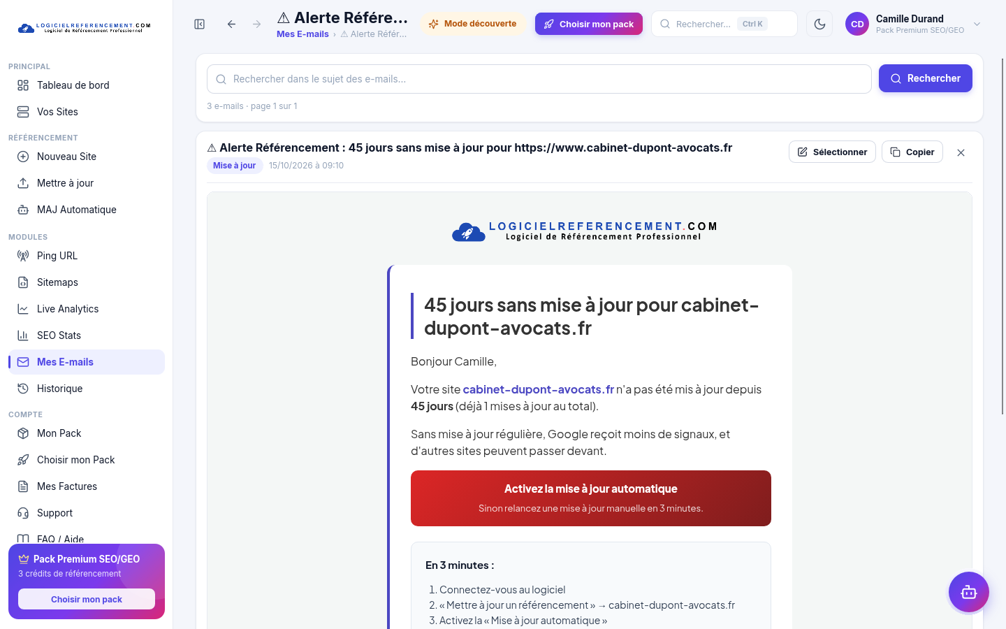 Vos e-mails E-mails et rappels pour garder son site en avant