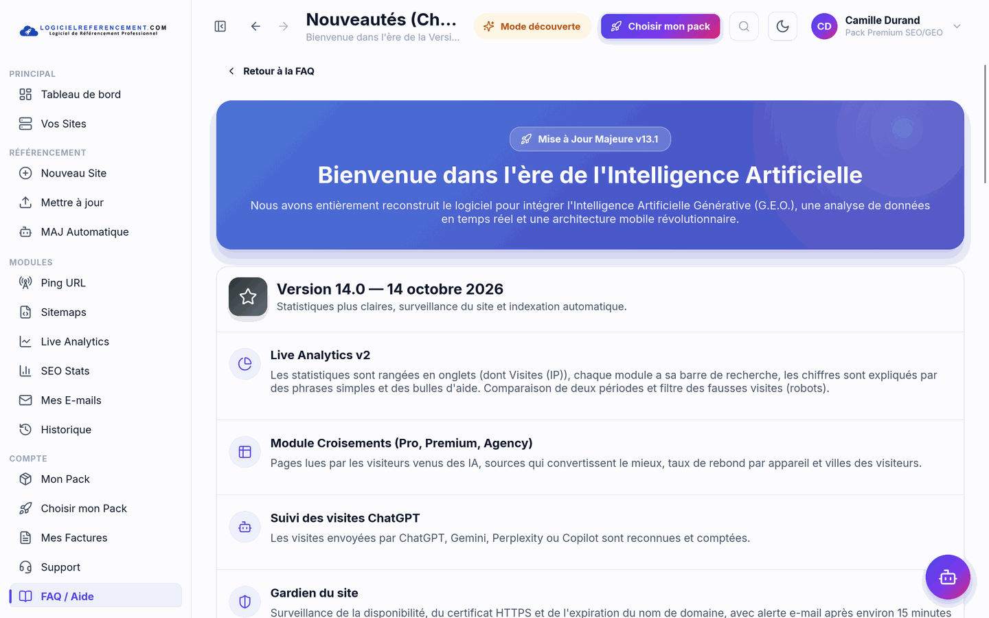 Nouveautés Nouveautés du logiciel de référencement, version après version