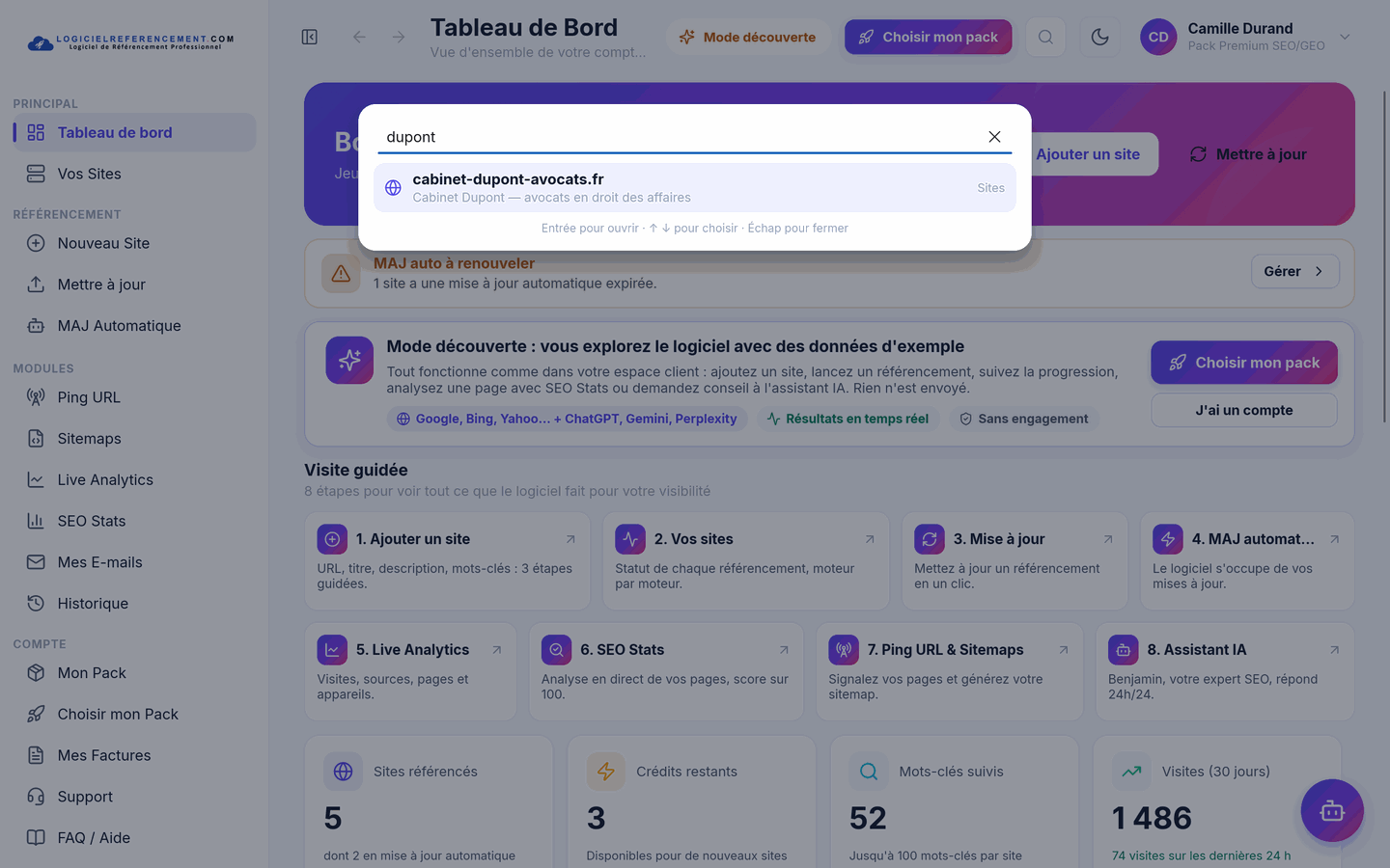 Recherche intégrée Recherche intégrée du logiciel de référencement