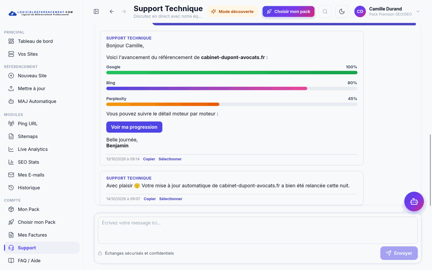 Support Support humain joignable depuis le logiciel de référencement