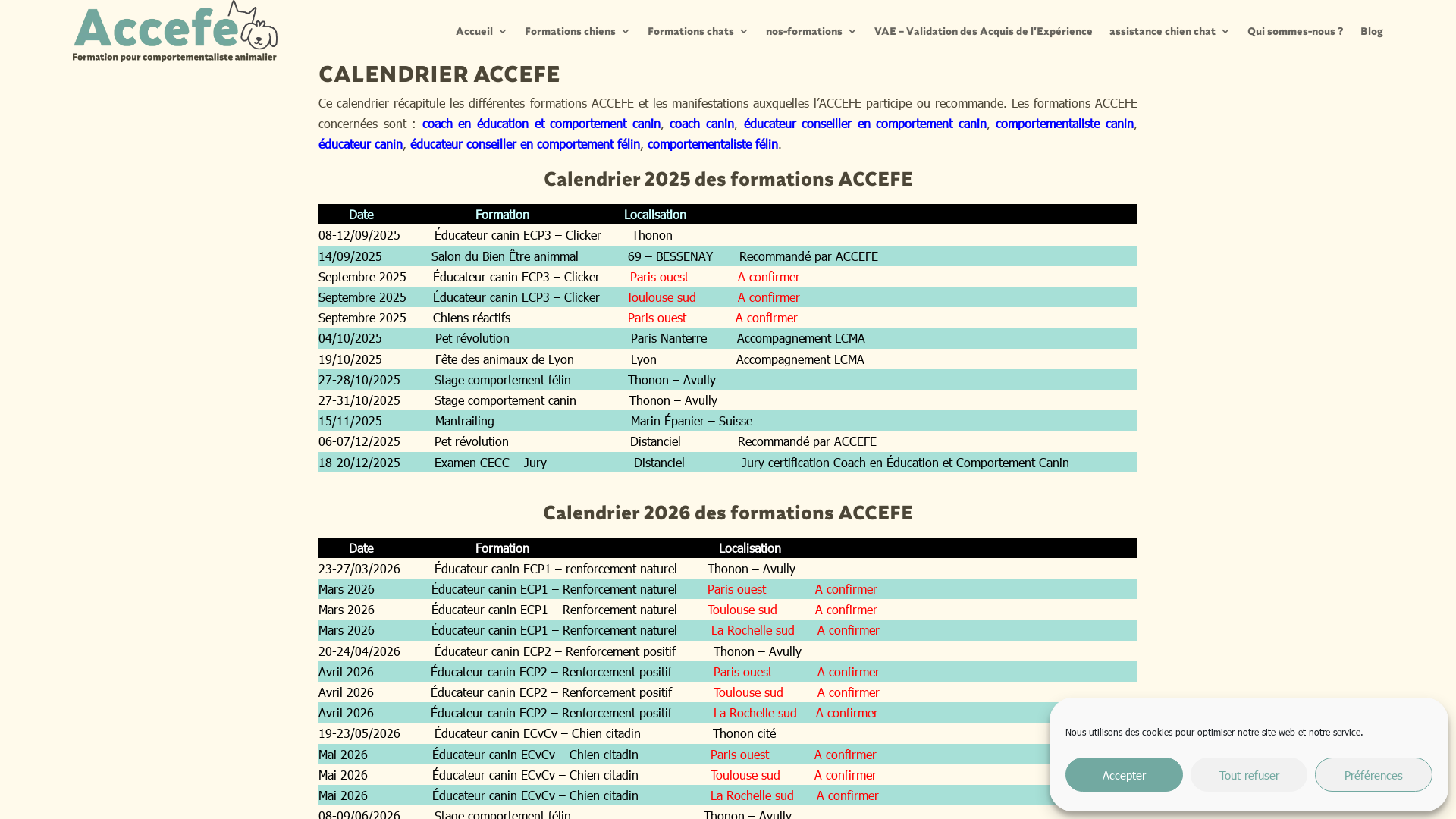 Capture d'écran de Calendrier des formations ACCEFE