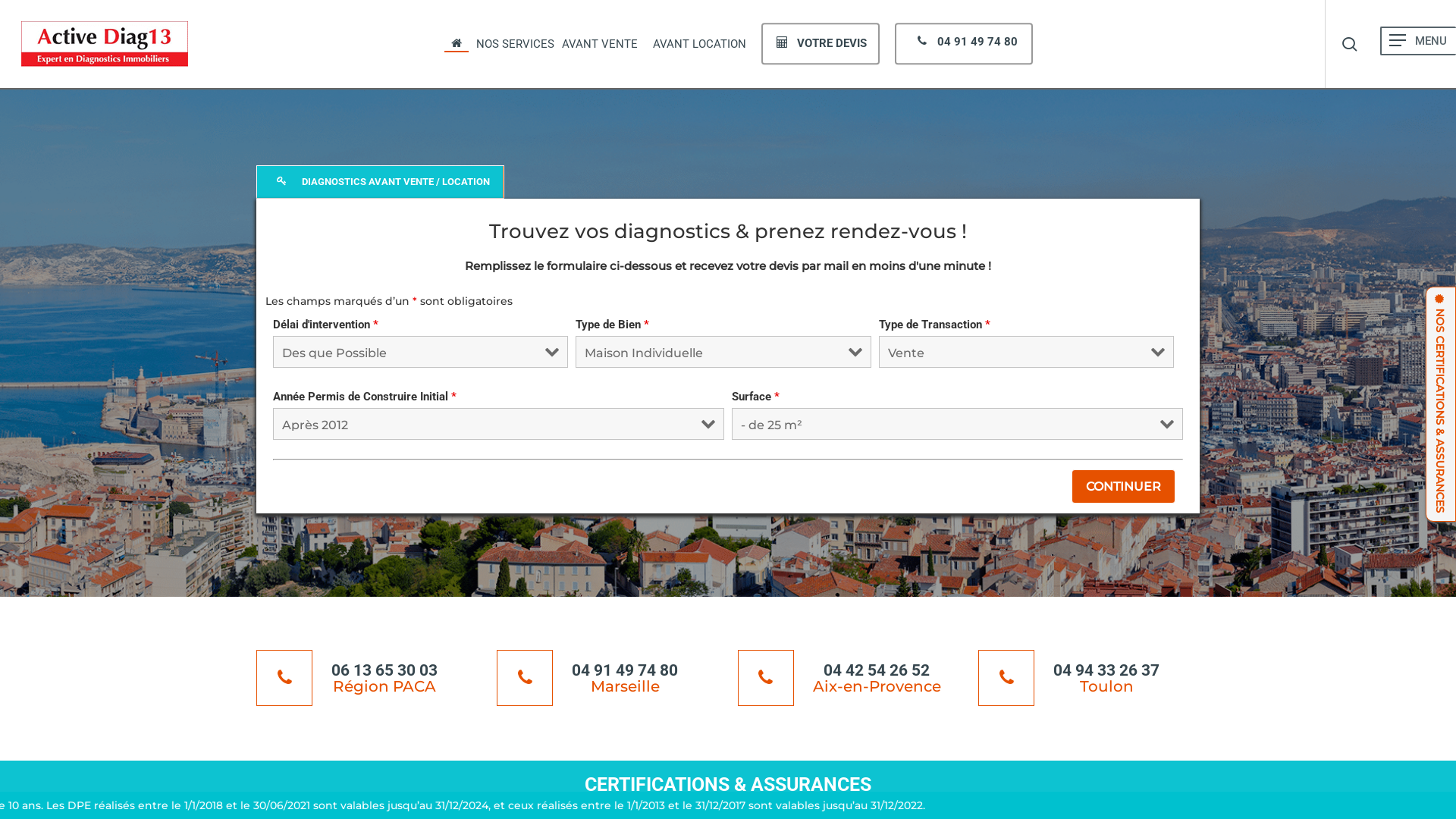 Capture d'écran de Active Diag13, expert certifié et assuré en diagnostics immobiliers depuis 2009. Nous intervenons dans les Bouches-du-Rhône, le Var pour réalisez tous les diagnostics vente et location.