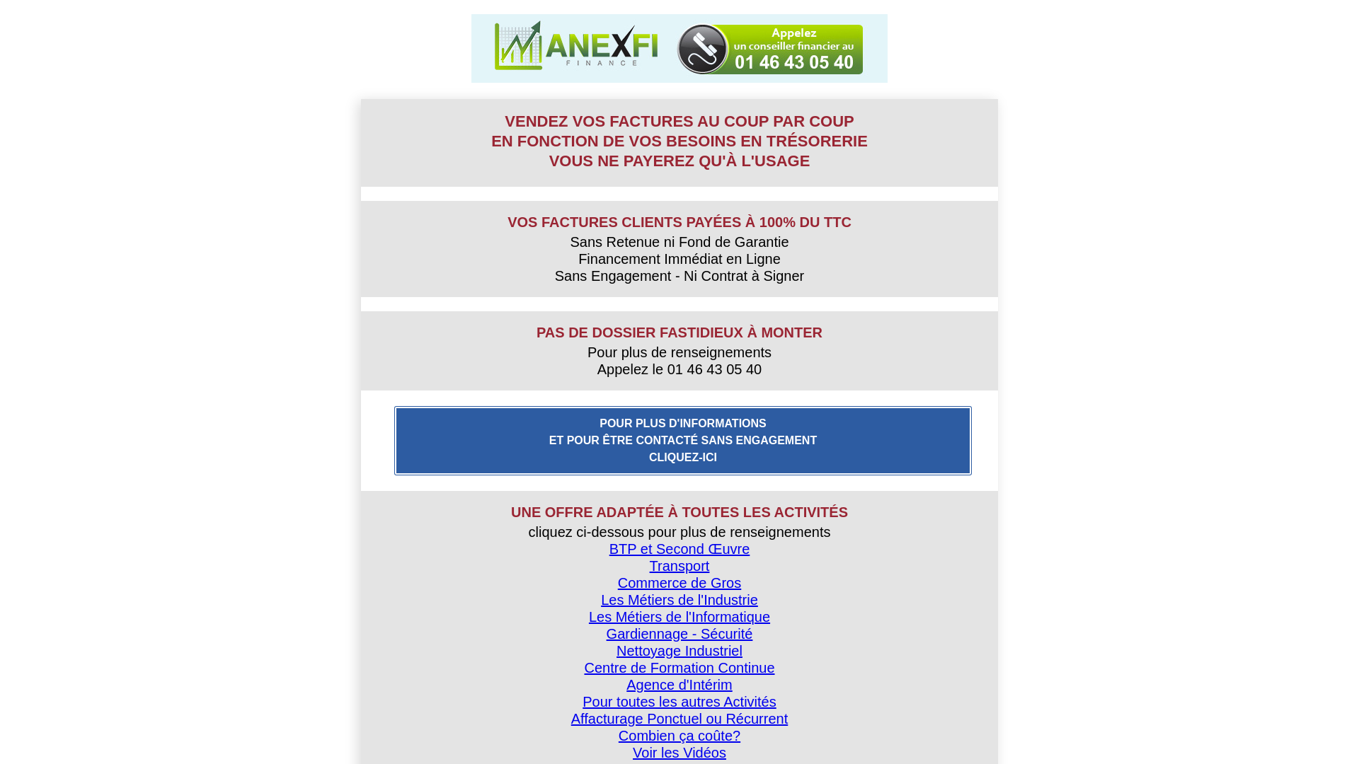 Capture d'écran de Affacturage Ponctuel Tresorerie | 01 46 43 05 40



