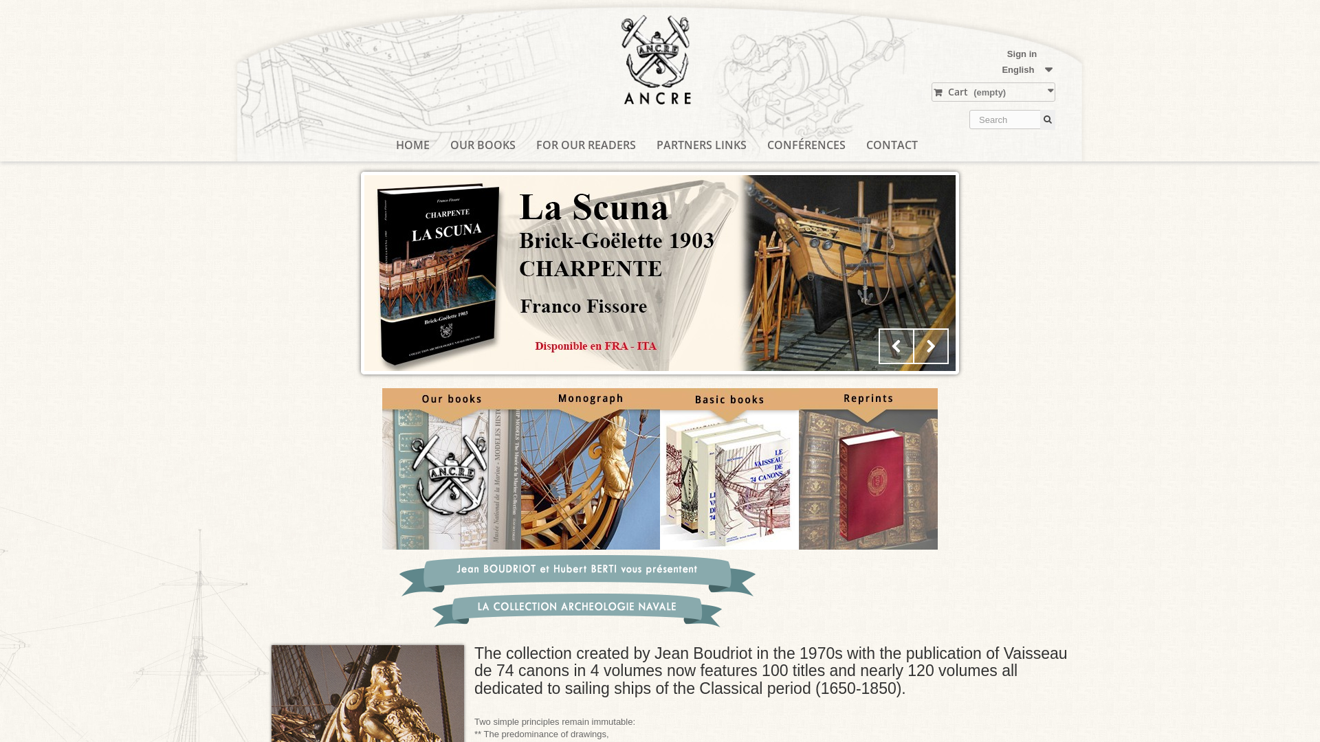 Capture d'écran de La collection Archéologie Navale créée par Jean Boudriot avec les 4 volumes du Vaisseau de 74 canons. 120 titres consacrés à la marine à voile de la période classique (1650-1900).