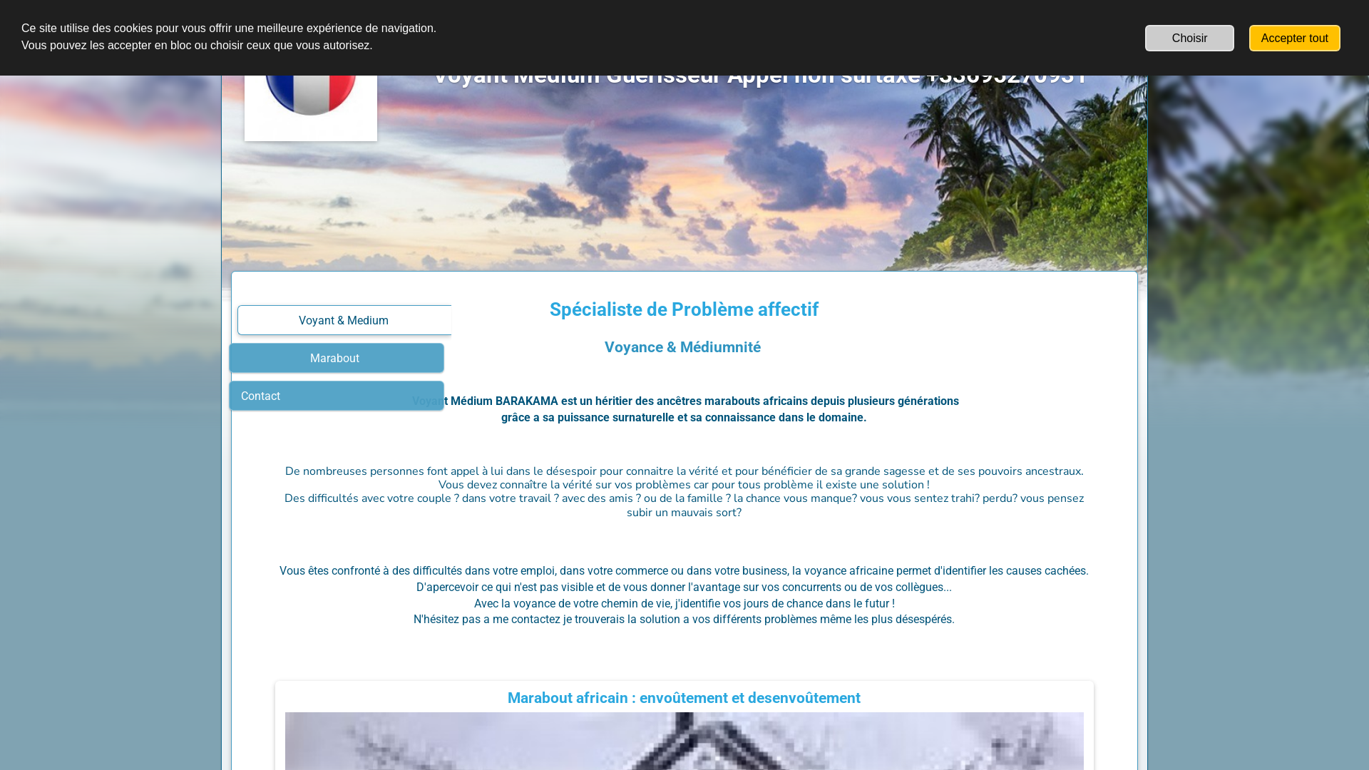 Capture d'écran de Voyant Medium Guérisseur africain en France

Spécialiste du retour de l'être aimé