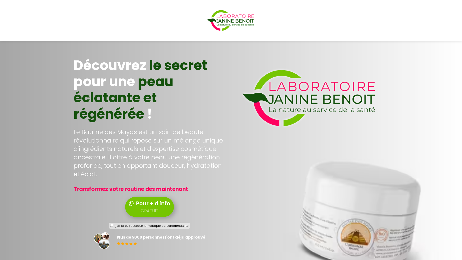 Capture d'écran de Baume des mayas, problème de peau, psoriasis, eczéma, tepezcohuite : Produit Janine Benoit