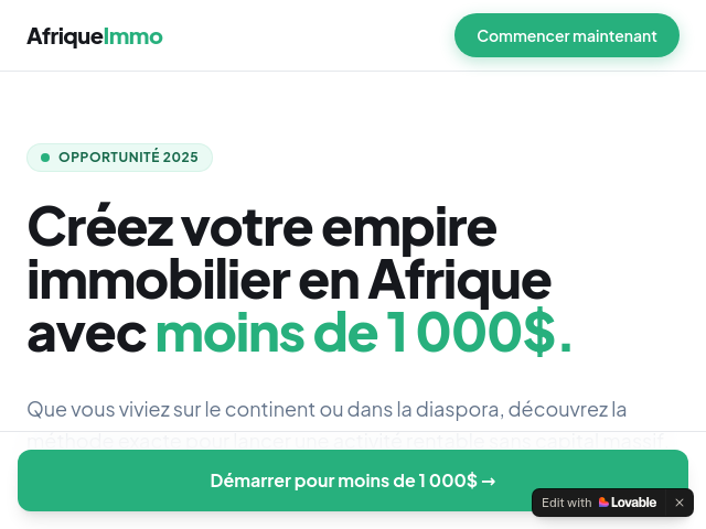 Cr&eacute;ez votre empire immobilier en Afrique avec moins de 1 000$.