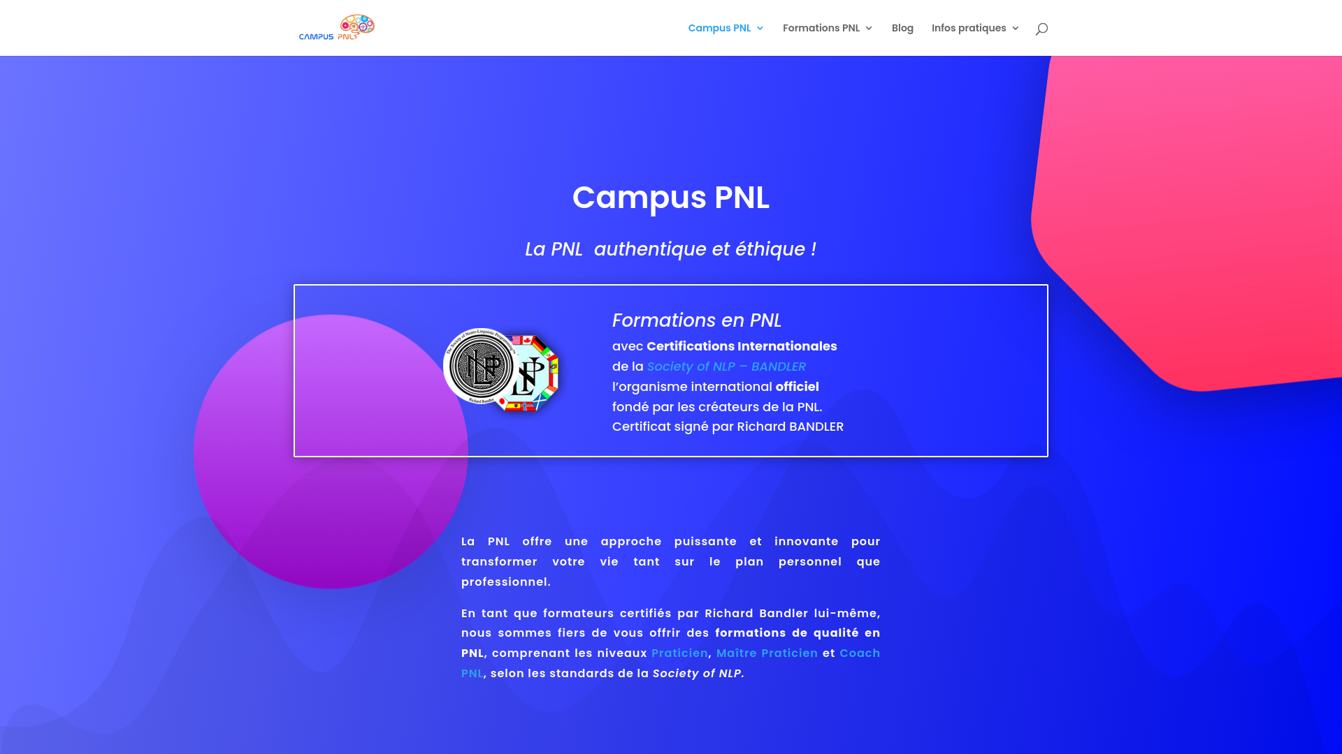 Capture d'écran de CAMPUS PNL propose des formations PNL Certifiantes et est agréé par  la Society of NLP - Richard Bandler (organisme officiel).