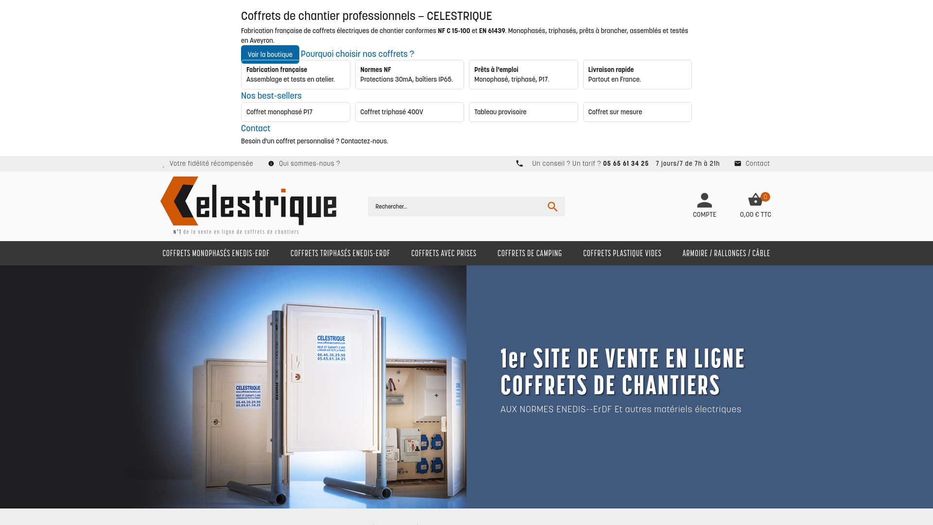 Capture d'écran de CELESTRIQUE VENTE EN LIGNE DE COFFRET DE CHANTIER ENEDIS ET COMPTEUR DE CHANTIER AUX NORMES