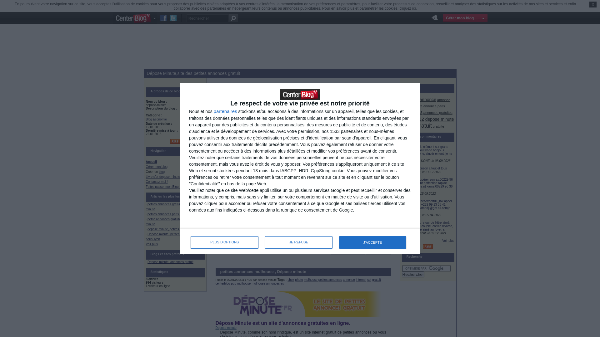 Capture d'écran de épose Minute est un site d'annonces gratuites en ligne.
Dépose Minute, comme son nom l'indique, est un site internet gratuit de petites annonces