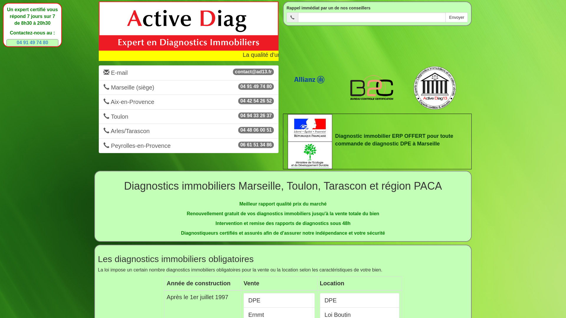 Capture d'écran de Diagnostics immobiliers Marseille, Toulon, Tarascon et région PACA