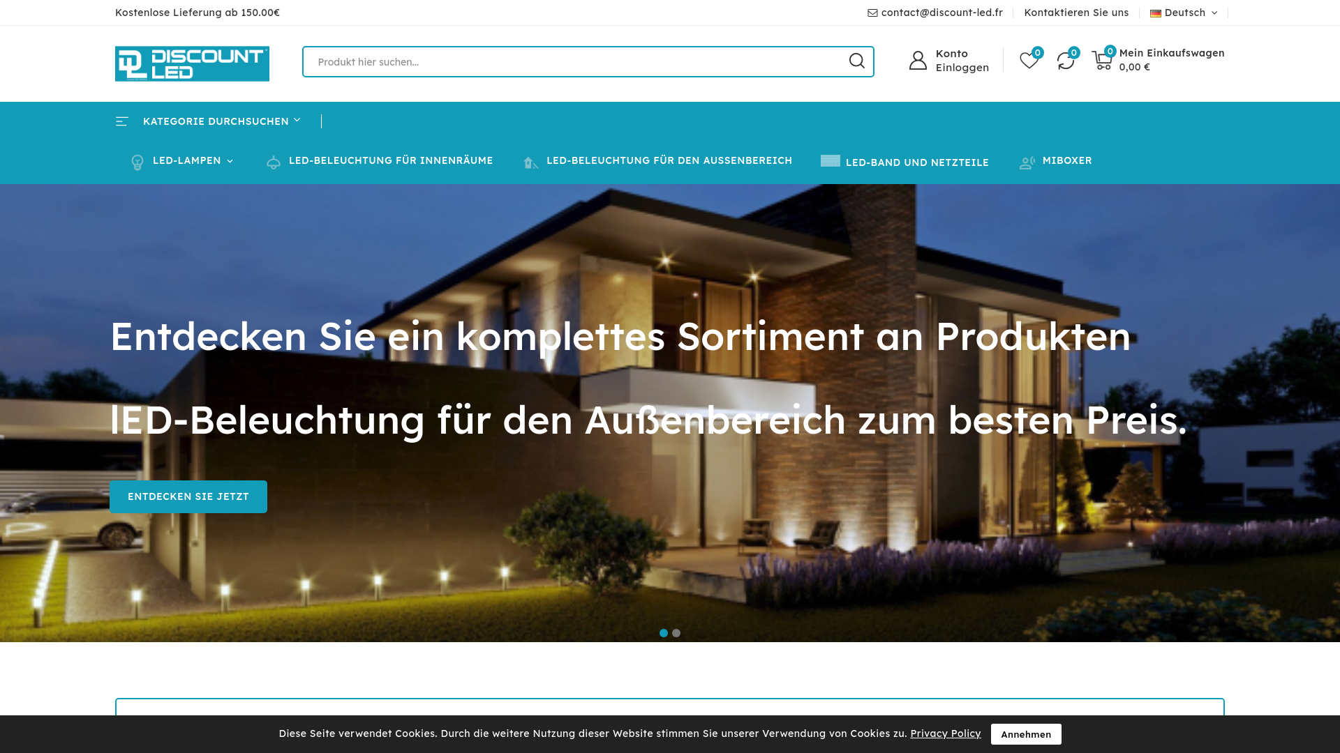 Capture d'écran de Discount-led ist ein Online-Shop, der sich auf LED-Beleuchtung spezialisiert hat und eine breite Palette von Produkten wie Glühbirnen, Panels, Strahler und Downlights anbietet. 