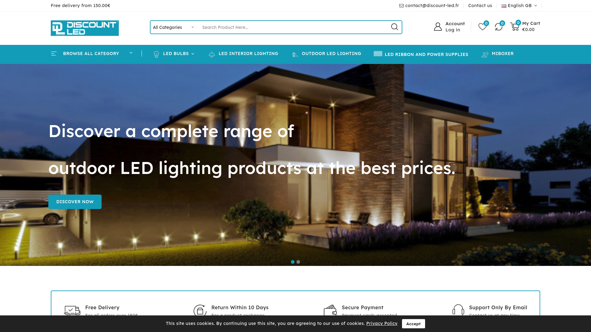 Capture d'écran de Discount-led is an online shop specialising in LED lighting, offering a wide range of products such as bulbs, panels, spotlights and downlights.