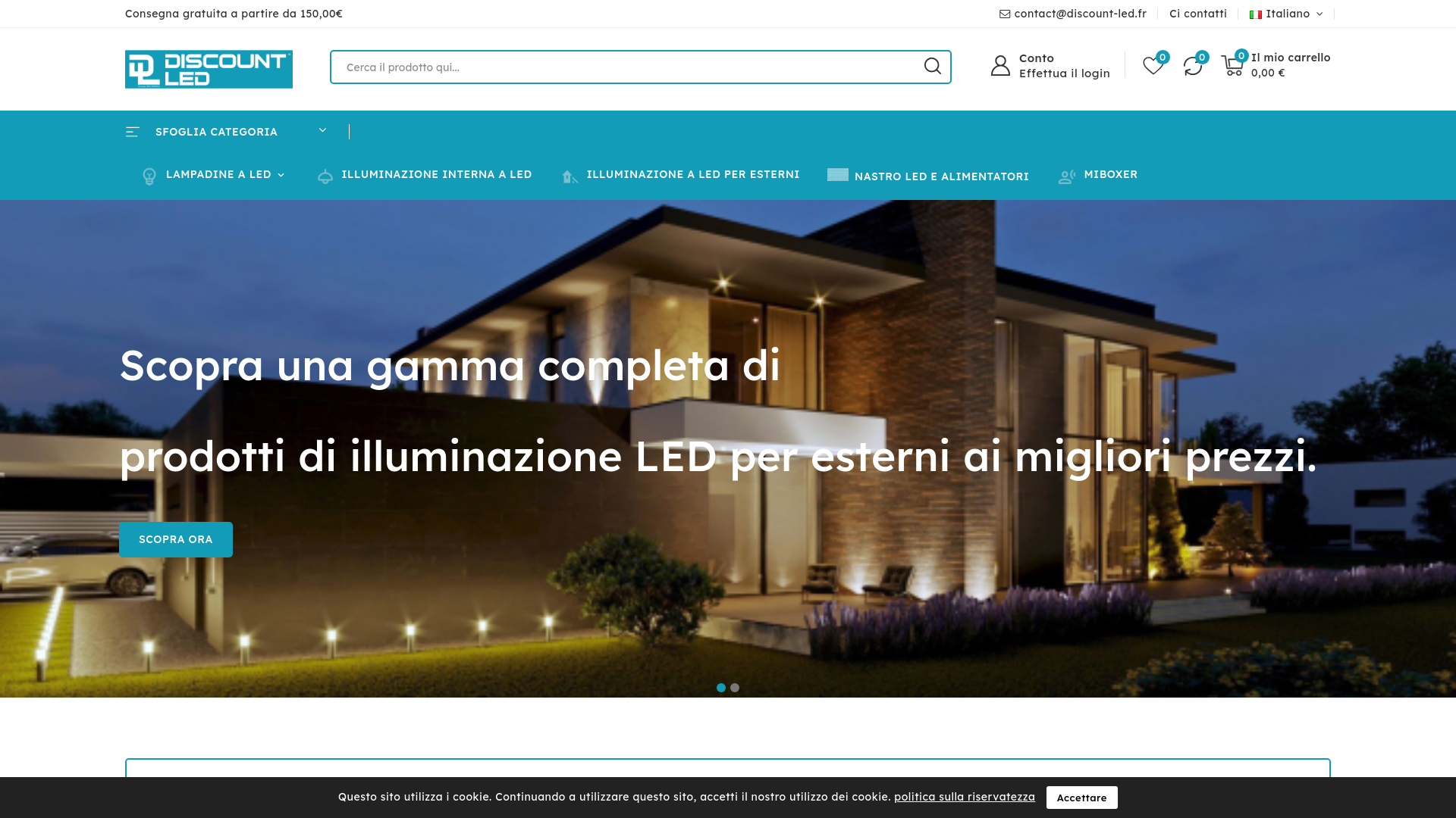 Capture d'écran de Discount-led è un negozio online specializzato nell'illuminazione a LED, che offre una vasta gamma di prodotti come lampadine, pannelli, faretti e downlight. 