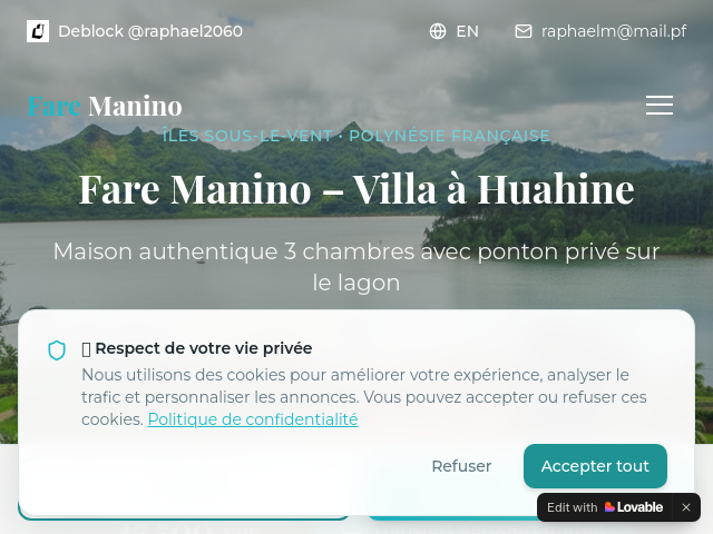 Location Villa Huahine Bord de Mer | Fare Manino &ndash; Polyn&eacute;sie Fran&ccedil;aise &ndash; Ponton Priv&eacute; Lagon