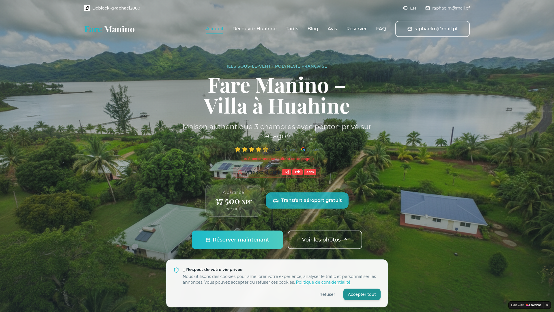 Aperçu de Location Villa Huahine Bord de Mer | Fare Manino – Polynésie Française – Ponton Privé Lagon