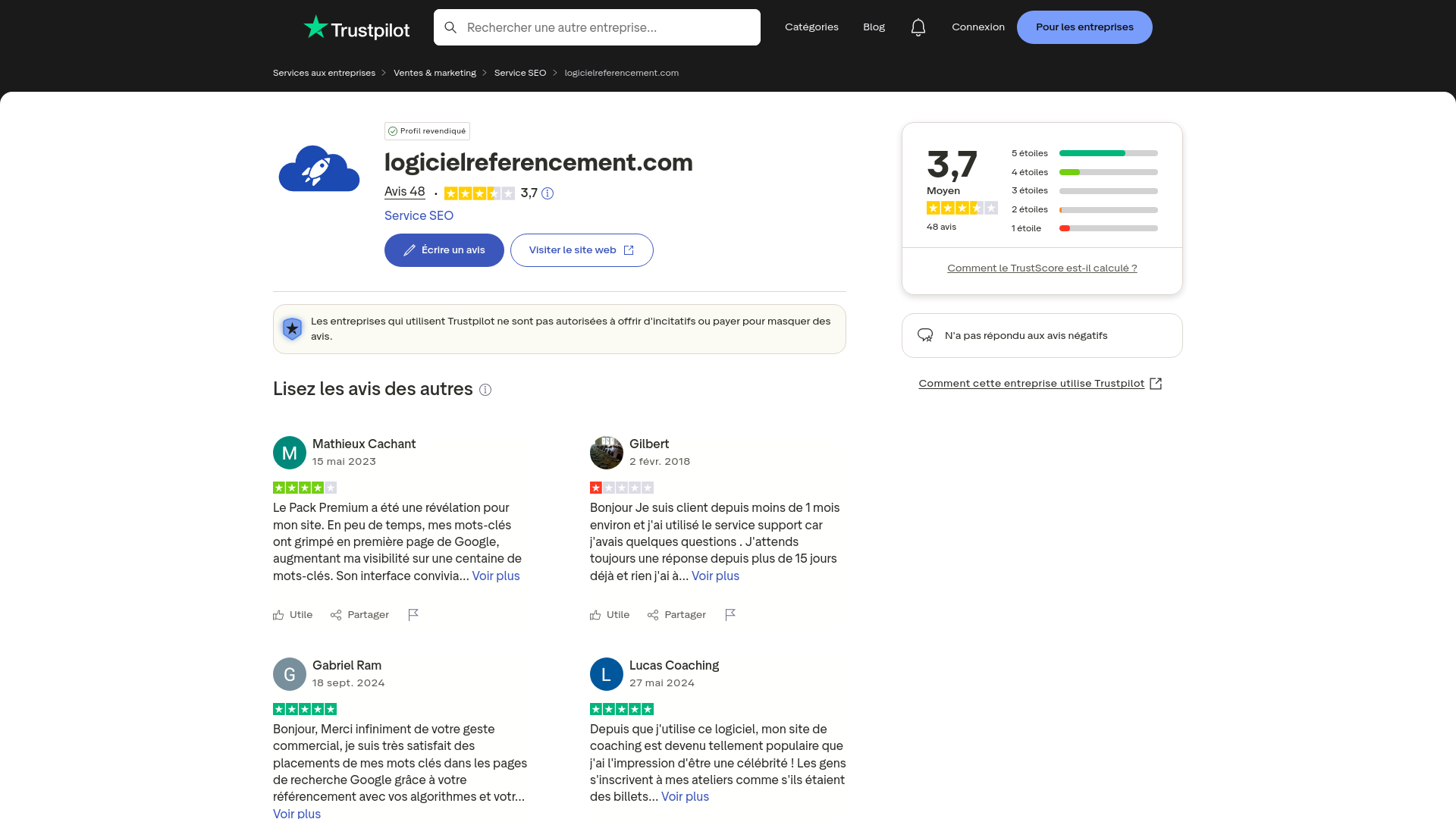 Capture d'écran de Avis de Logiciel de Référencement | LOGICIELREFERENCEMENT.COM | Lisez les avis marchands de logicielreferencement.com