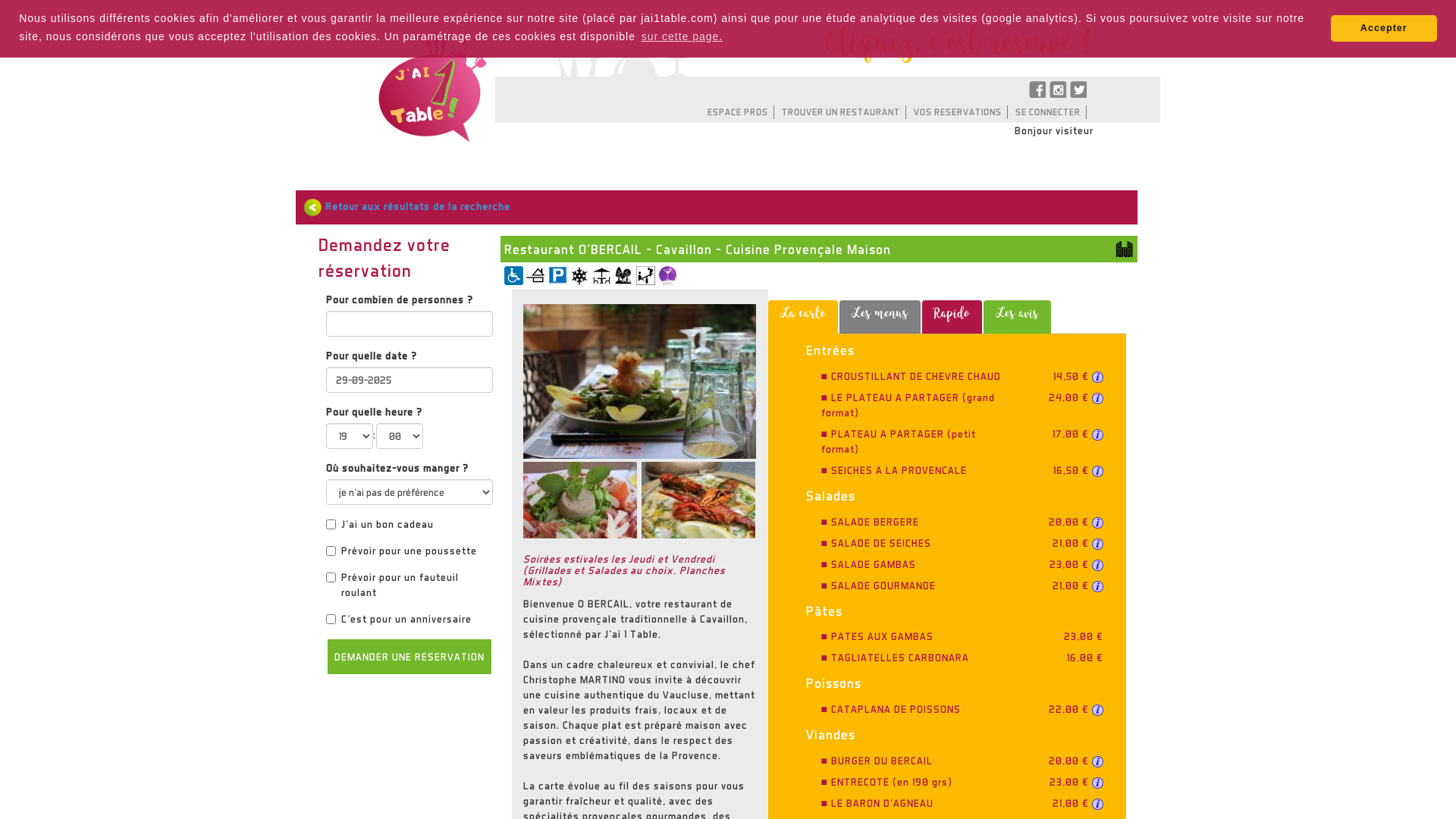 Capture d'écran de Restaurant O BERCAIL à Cavaillon - Réservation en ligne j'ai 1 table 