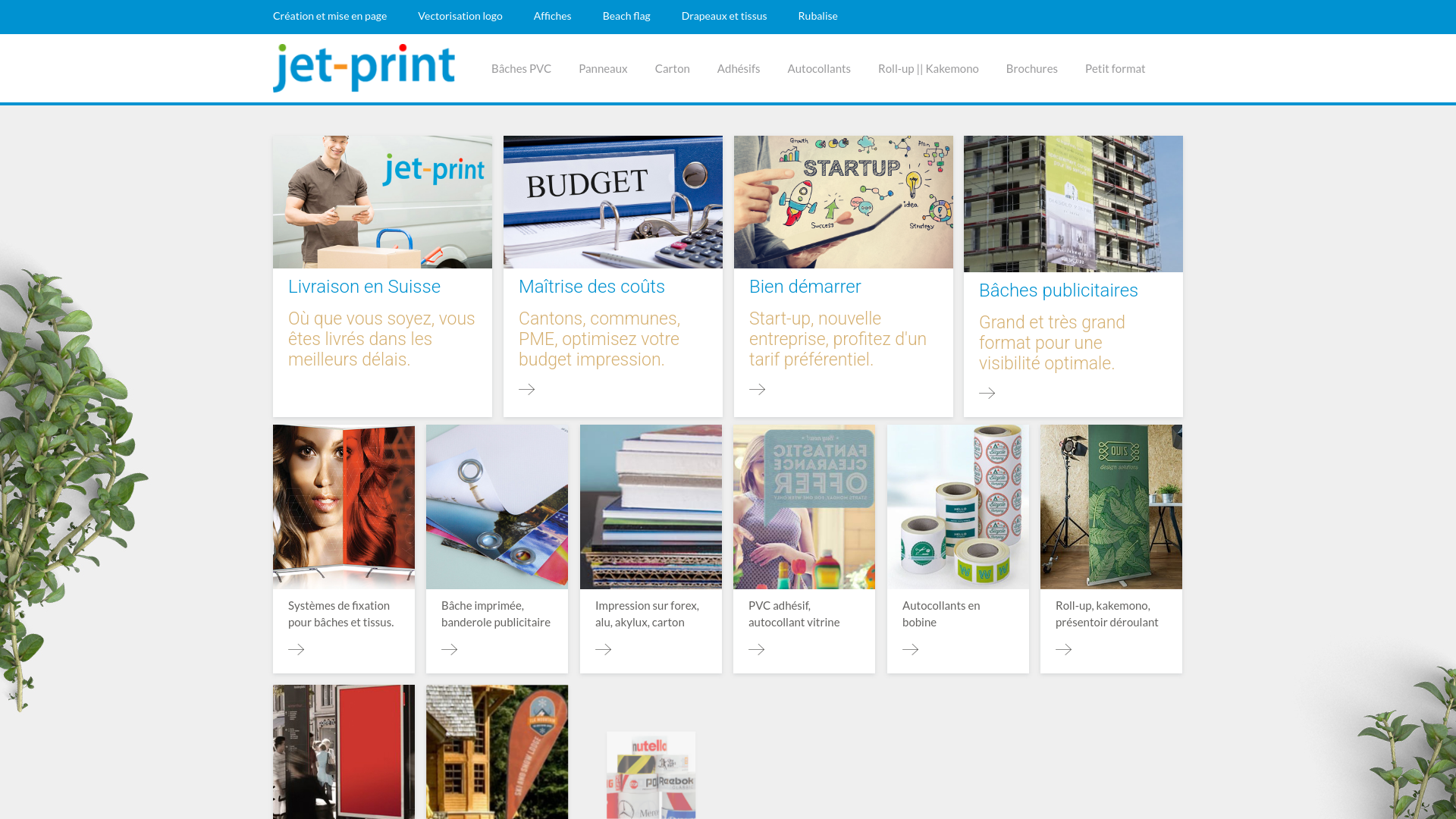 Capture d'écran de Jet-Print, spécialiste tous supports: papier, alu dibond, Forex, bâche PVC et MESH, adhésifs.