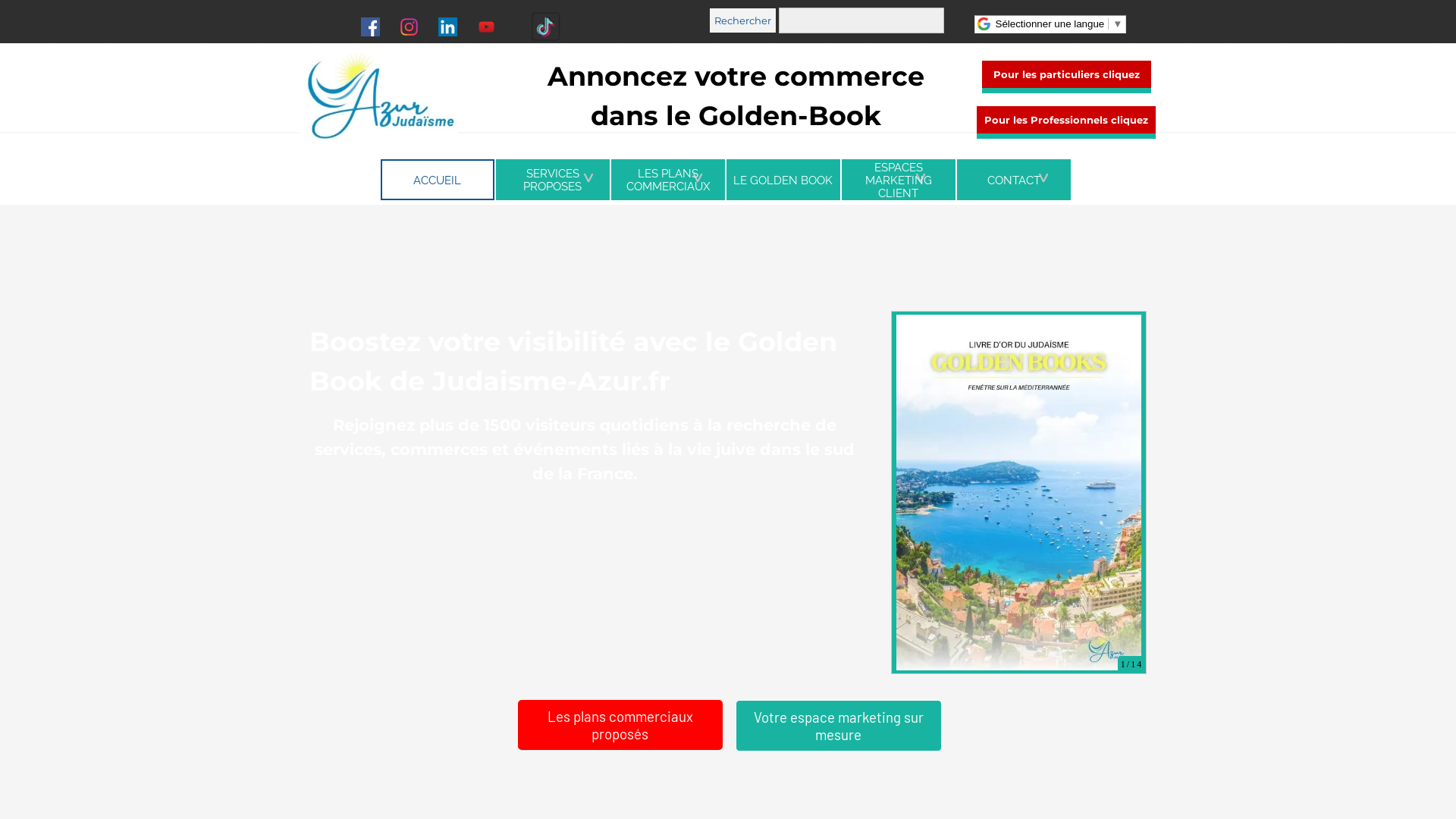 Capture d'écran de Annoncez votre commerce casher dans le Golden Book – Judaisme-Azur.fr 
Golden Book – Boostez votre visibilité sur Judaisme-Azur.fr dès 400 €/an