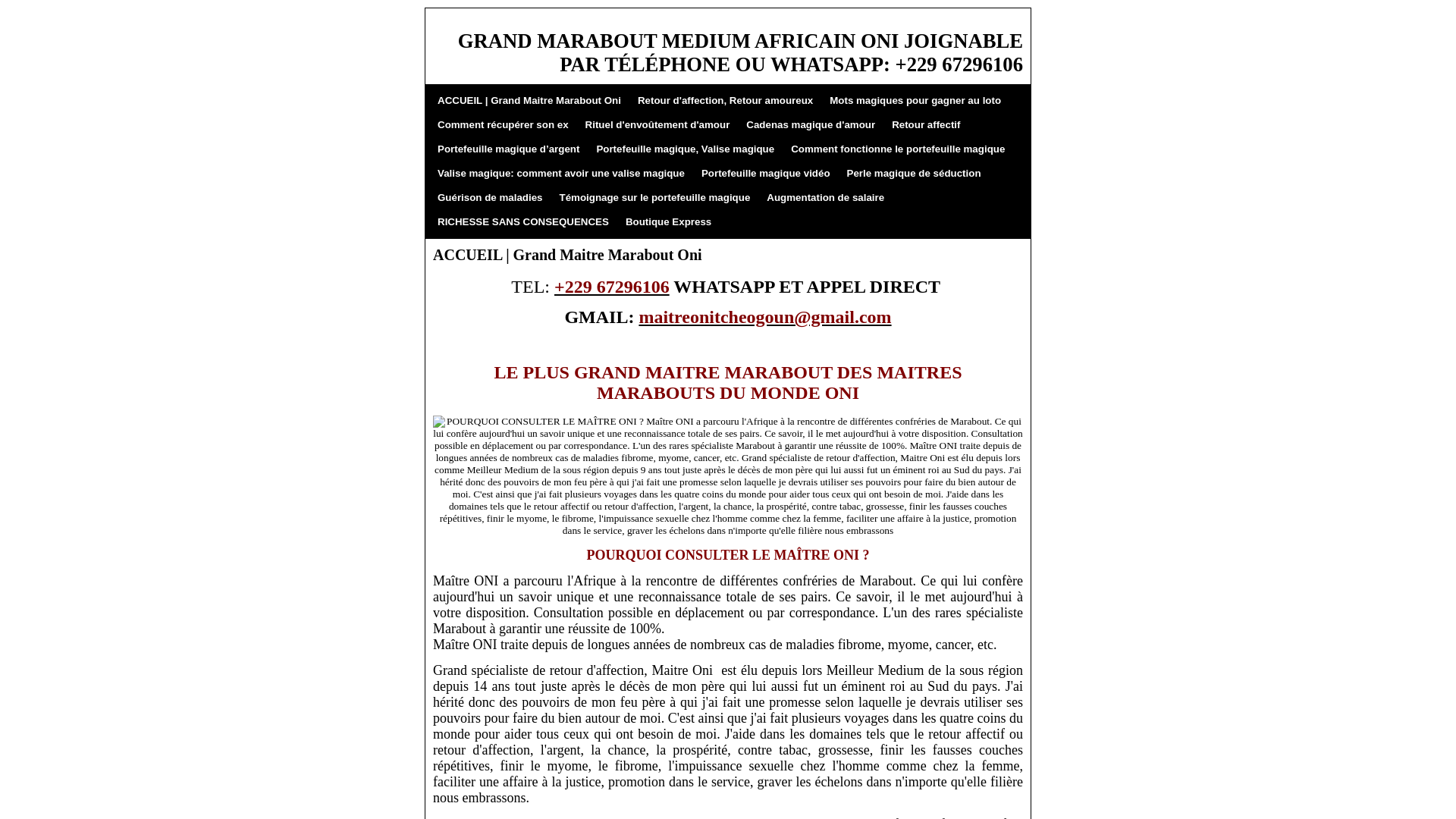 Capture d'écran de LE PLUS GRAND MAITRE MARABOUT MEDIUM ET VOYANT VAUDOU DU MONDE ONI PAR TÉLÉPHONE/WHATSAPP: +229 67296106