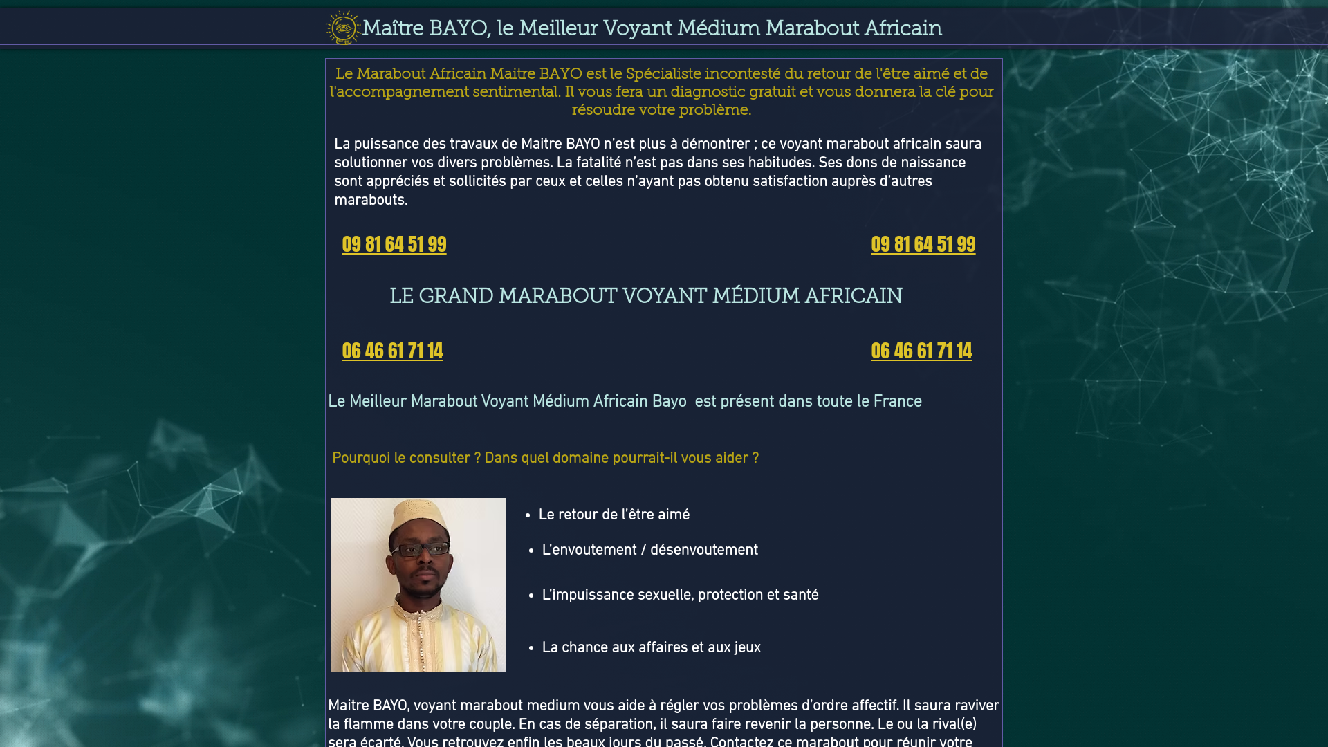 Capture d'écran de Le Meilleur Marabout Voyant Médium Africain Bayo  est présent dans toute le France 06 46 61 71 14