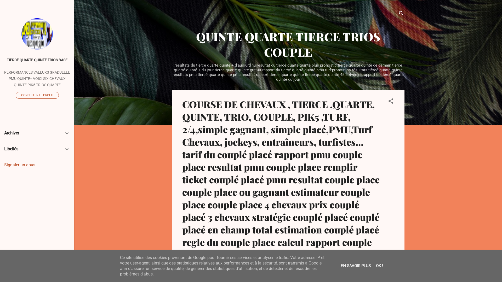 Capture d'écran de TIERCE QUARTE QUINTE COUPLE MULTI
PMU CHEVAUX QUINTE TIERCE QUARTE BASE
zeturf
jeu-France
Paris
bilto
France-bleu
Paris-turf
QUINTE QUARTE TIERCE TRIO
PMU ARRIVEE RAPPORT PMU