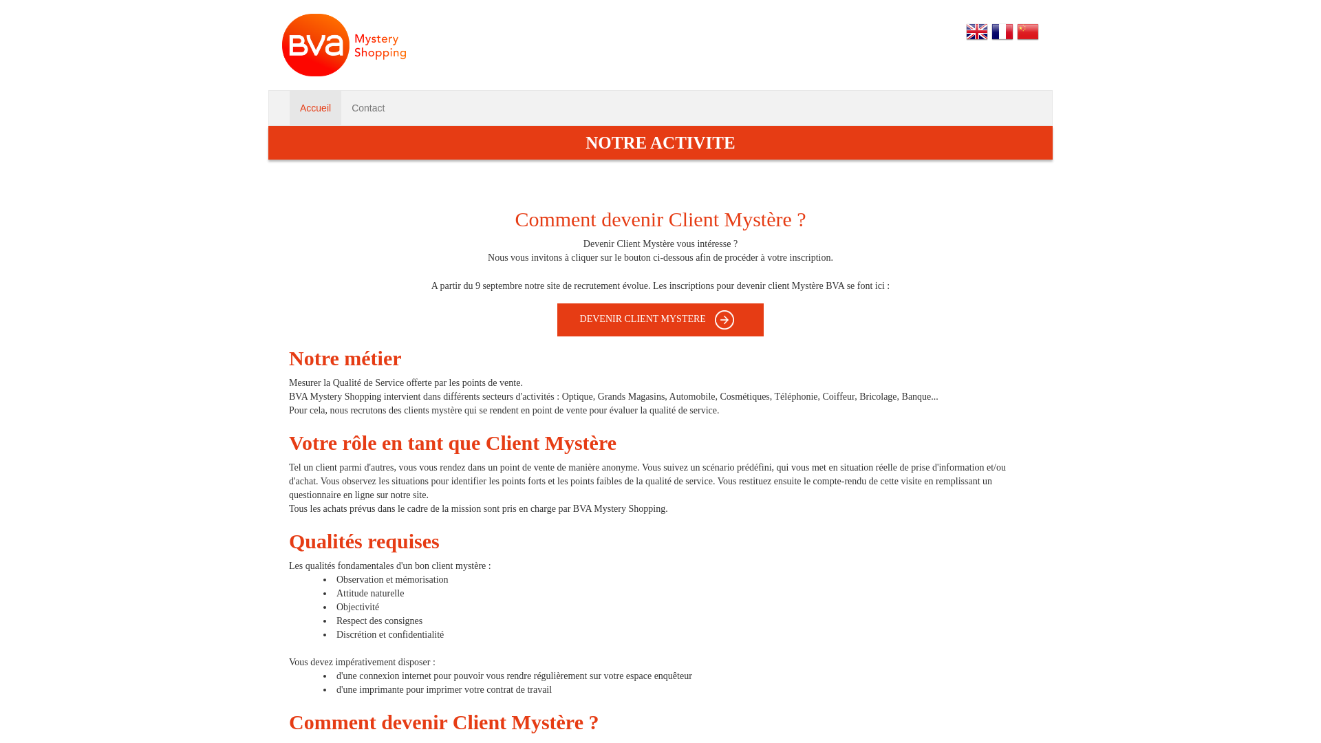 Capture d'écran de BVA Mystery Shopping - Recrutement Client Mystère