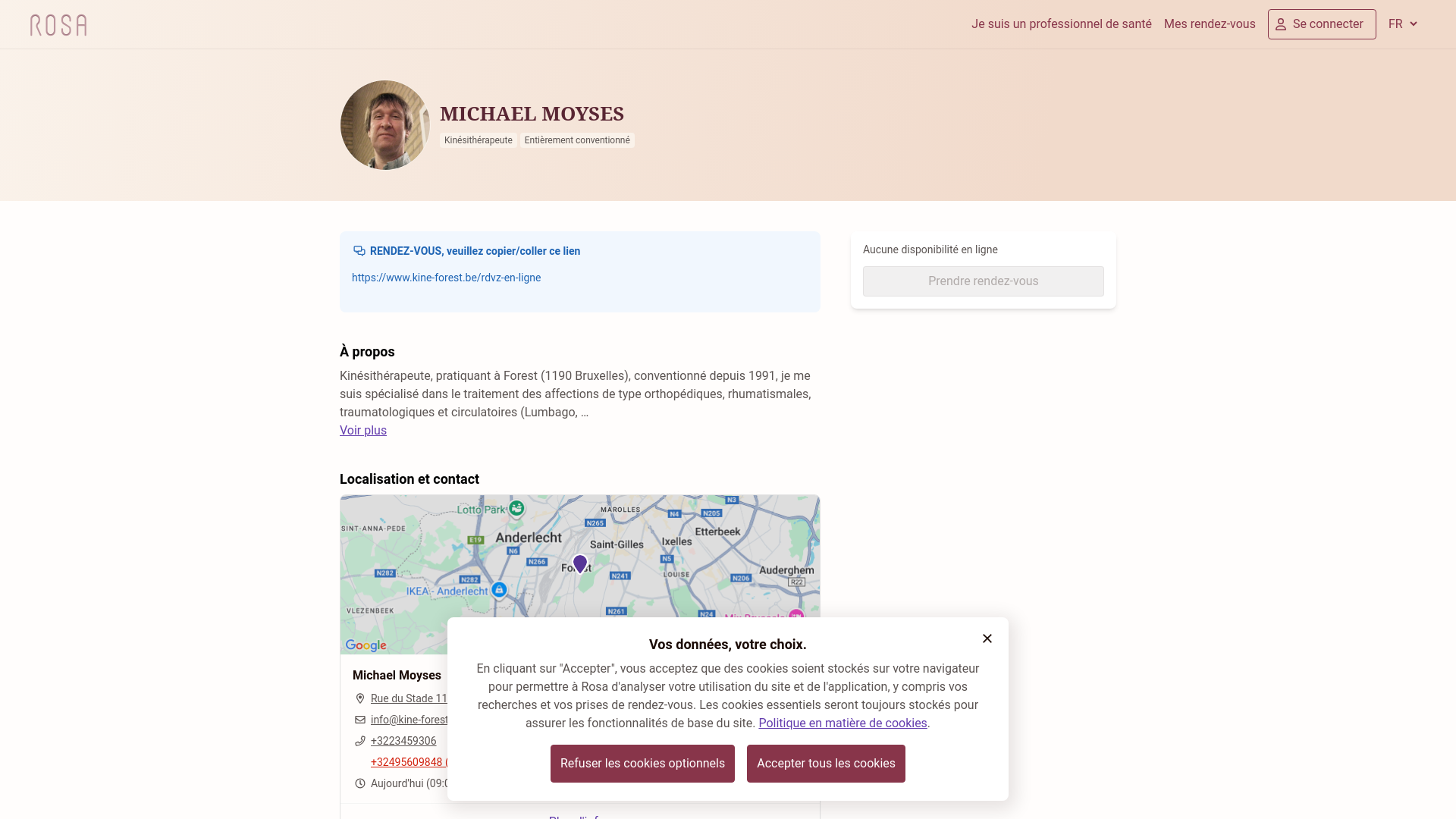 Capture d'écran de Kine Forest, 11 rue du Stade 1190 bruxelles  Michael Moyses, kinésithérapeute 0495609848