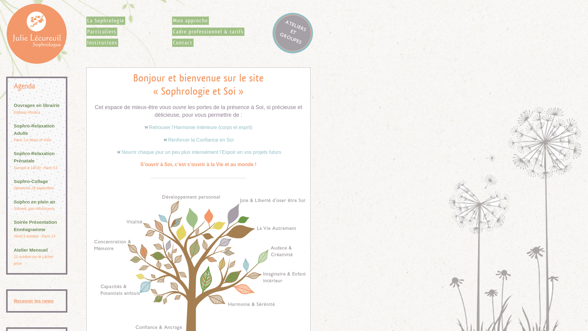 Capture d'écran de Julie LECUREUIL - Sophrologue
Relaxation et Relation d'aide
Paris 13
75013
Des outils pour un mieux-être au quotidien
Se reconnecter à Soi