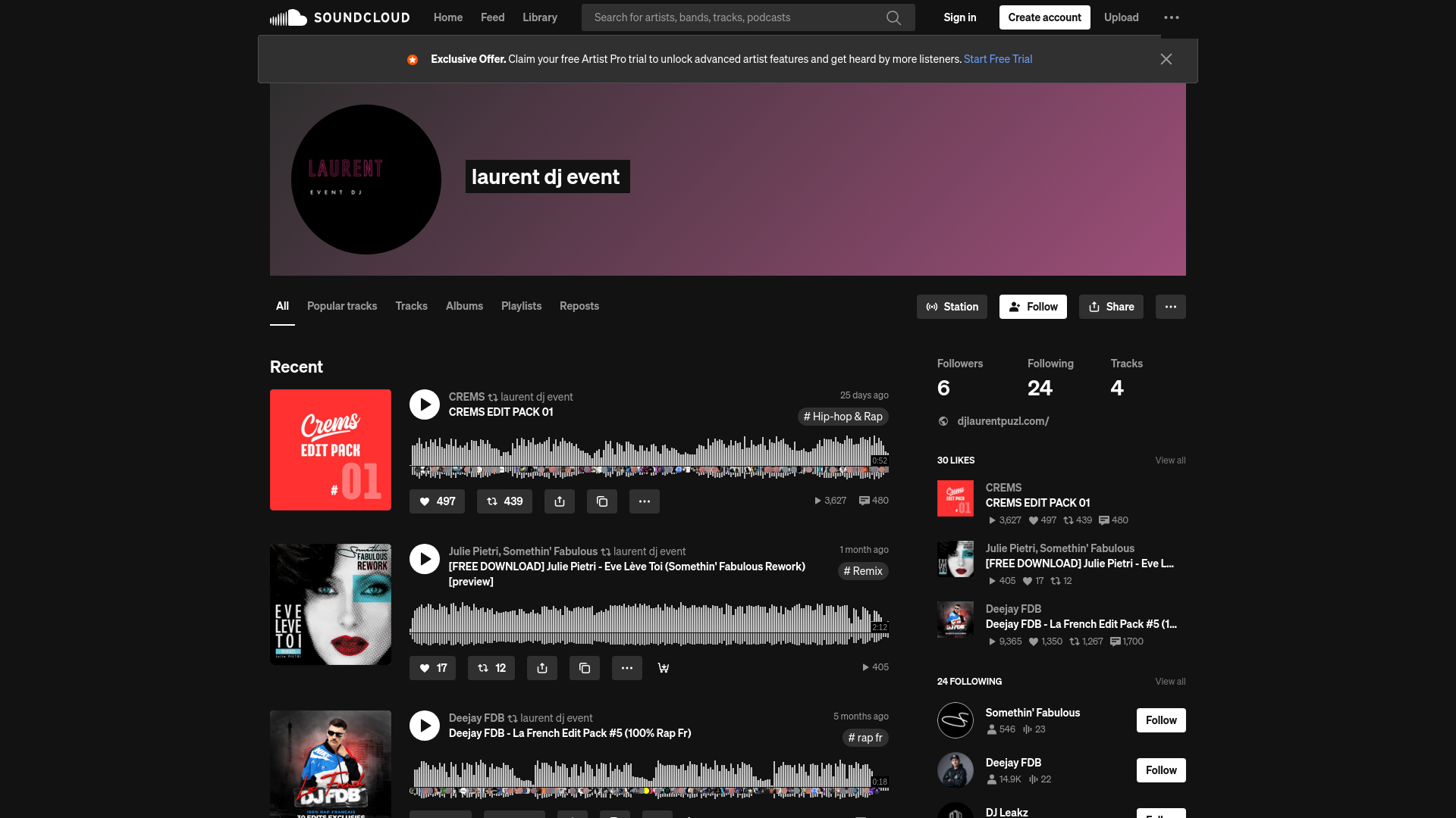 Capture d'écran de Profil de dj laurent , dj manche , mixtape , podcast