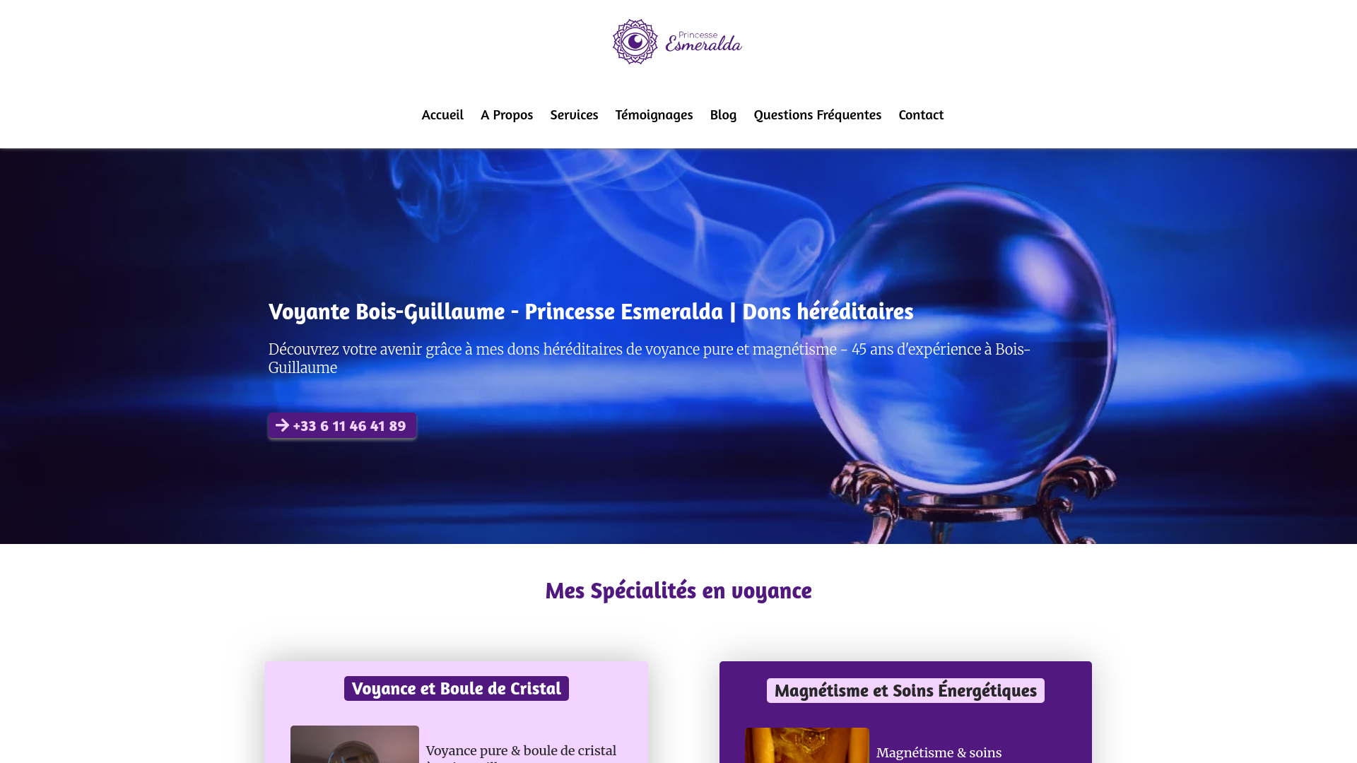 Capture d'écran de Voyante reconnue à Rouen et Bois-Guillaume. Princesse Esméralda vous accompagne en amour, travail et avenir grâce à ses dons héréditaires.