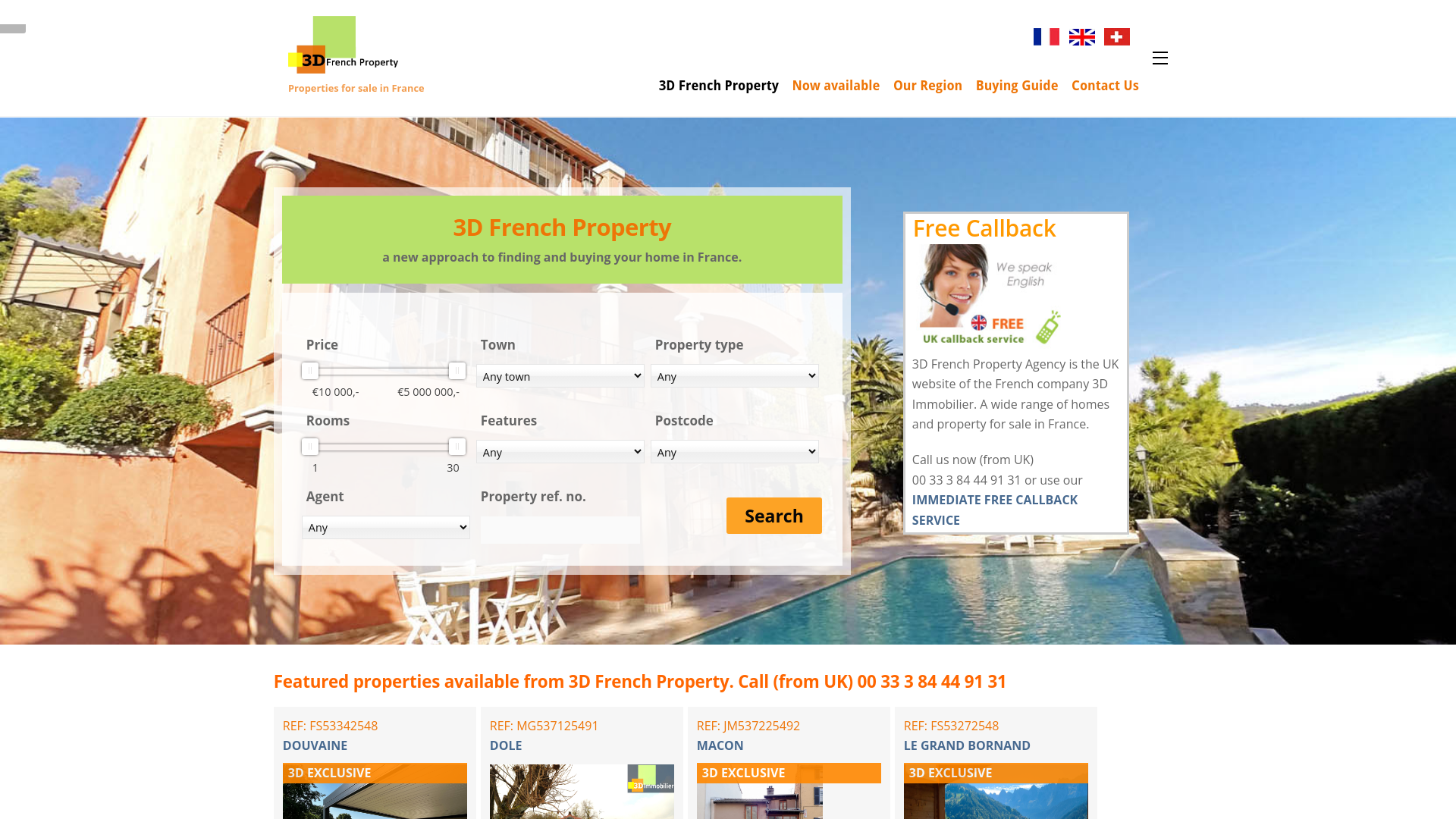 Capture d'écran de 3D French Property Agency is the UK website of the French company 3D ImmobilierOur real estate agency is located in the Jura department, part of Franche-Comté, bordering Burgundy and Switze