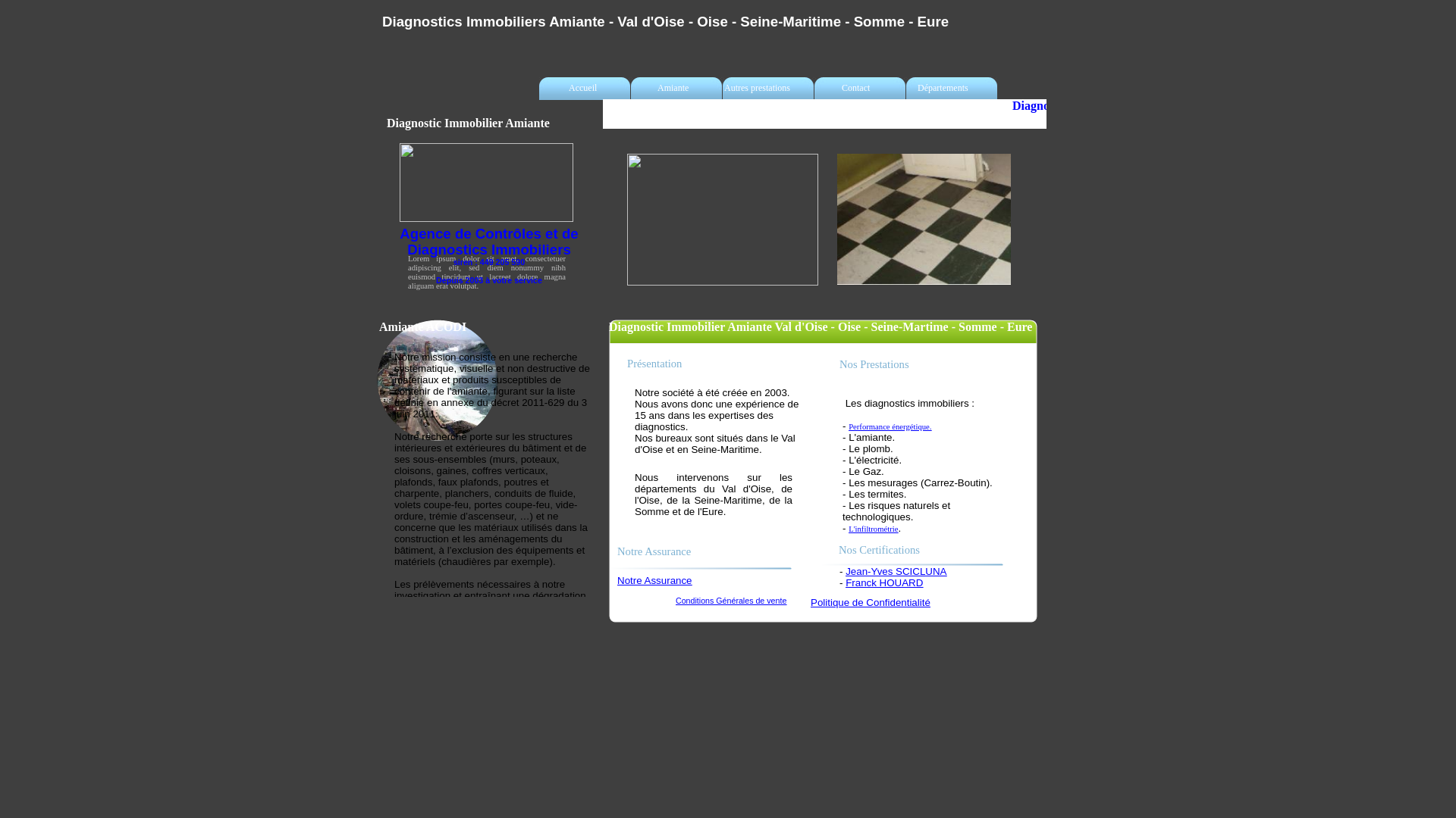 Capture d'écran de Diagnostiqueur Immobilier, Val d'Oise, amiante, plomb, gaz, DPE, électricité, infiltrométrie, mesurages, ERP, audit énergétique, termites.