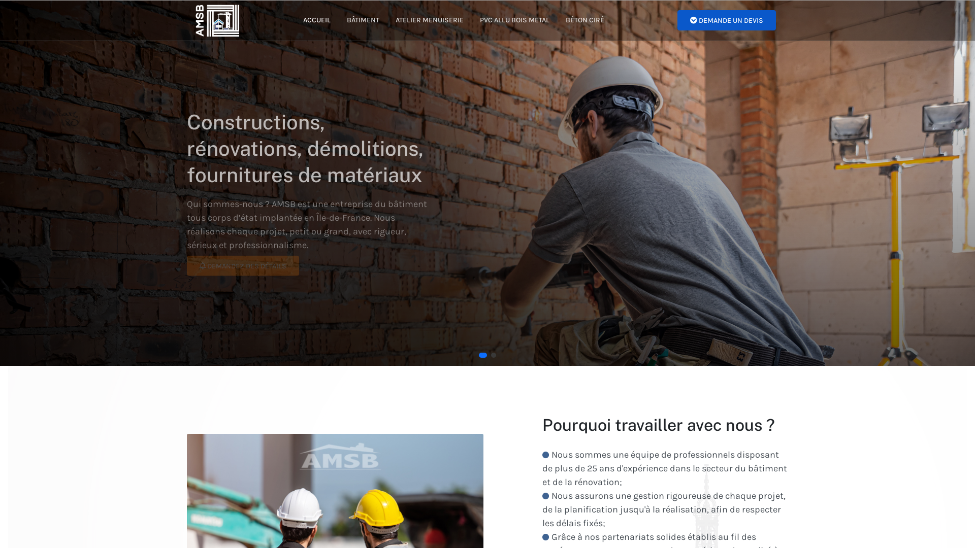 Capture d'écran de AMSB nous sommes une entreprise spécialisée dans la construction et la rénovation de bâtiments résidentiels et commerciaux à Paris et dans toute l'Île-de-France.