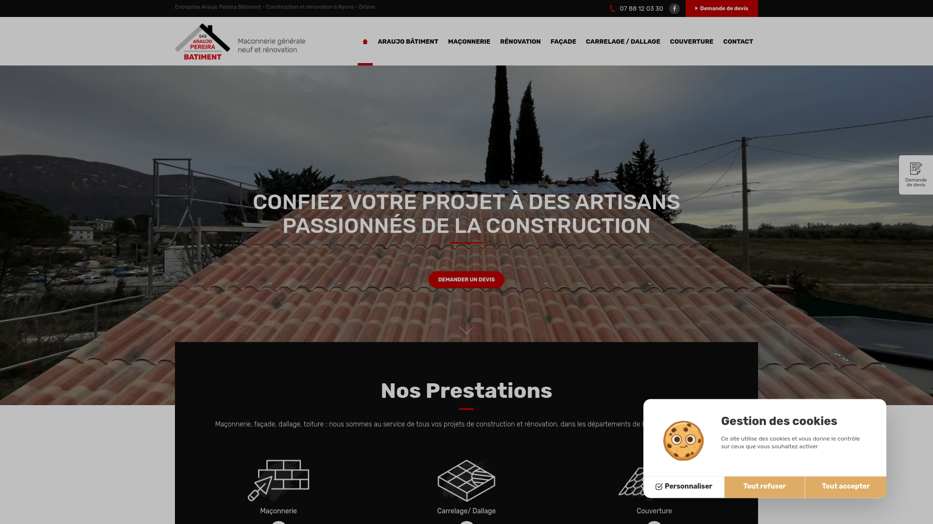 Capture d'écran de Entreprise de Construction et Rénovation Araujo Pereira Bâtiment à Nyons, Drôme - Maçonnerie, Façade, Toiture, Carrelage, Dallage