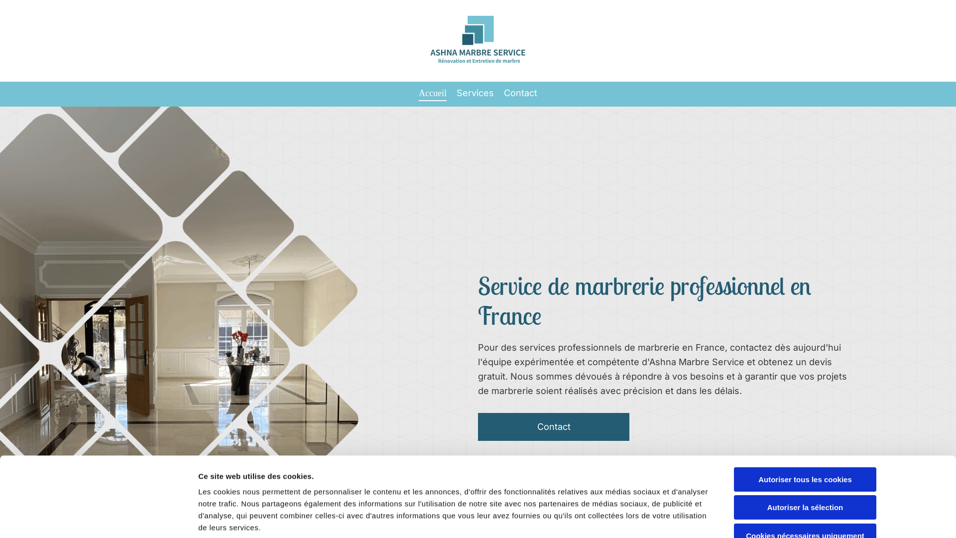 Capture d'écran de Chez Ashna Marbre Service, nous proposons des solutions sur mesure en matière de rénovation de marbre.

