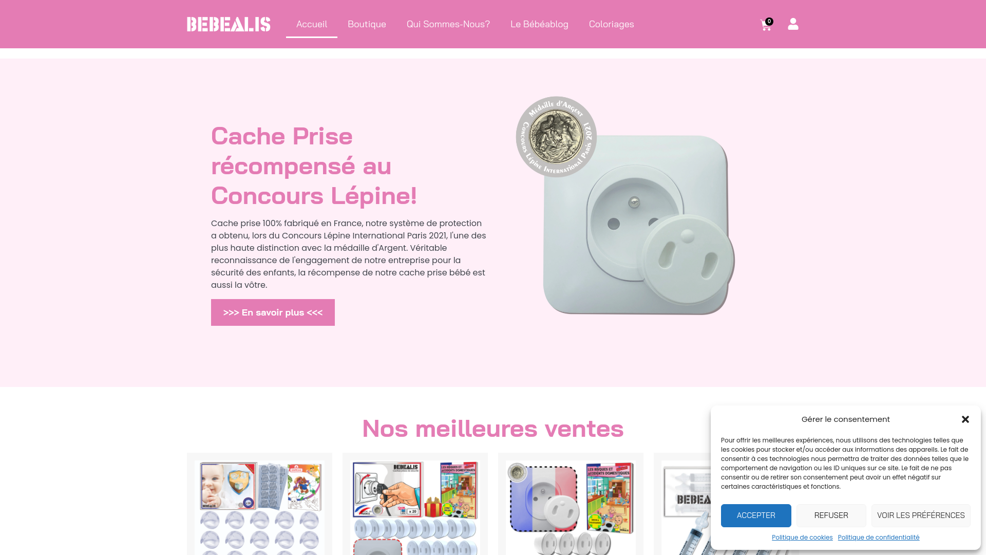 Capture d'écran de Spécialiste de la petite enfance, découvrez nos Cache prises pour enfant, nos protection d'angles, ainsi que nos seringues nasales pour une hygiène parfaite du nez de votre enfant.