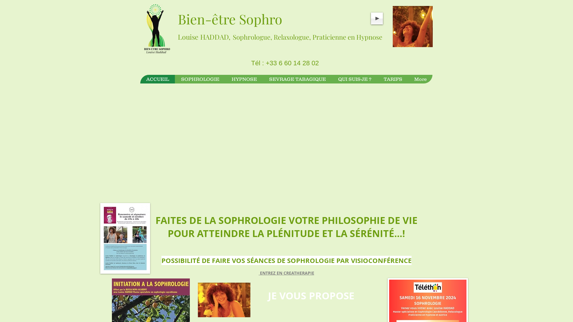 Capture d'écran de Bien-être Sophro 94320 Thiais.
Sophrologie-Hypnose
Louise HADDAD, Sophrologue, Relaxologue, Praticienne en Hypnose à Thiais dans le Val de Marne
Master Spécialiste en Sophrologie Caycédienne