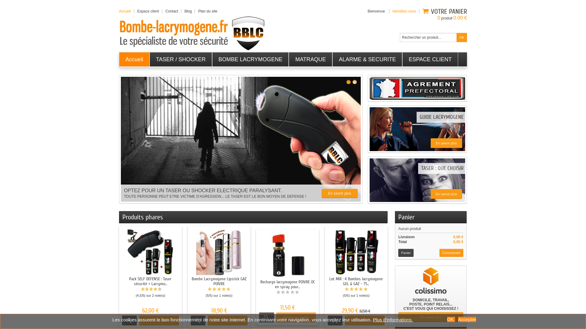 Capture d'écran de Bombe-lacrymogene.fr : le spécialiste en auto défense et sécurité; de la personne