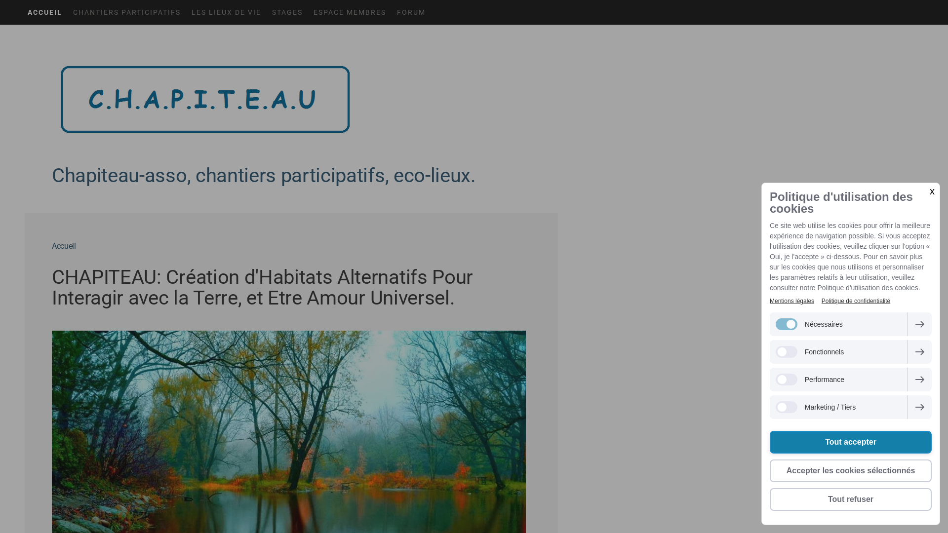 Capture d'écran de Association CHAPITEAU: "Création d'Habitats Alternatifs Pour Interagir avec la Terre et Etre Amour Universel". Gestion de chantiers participatifs, et de lieux de vie.