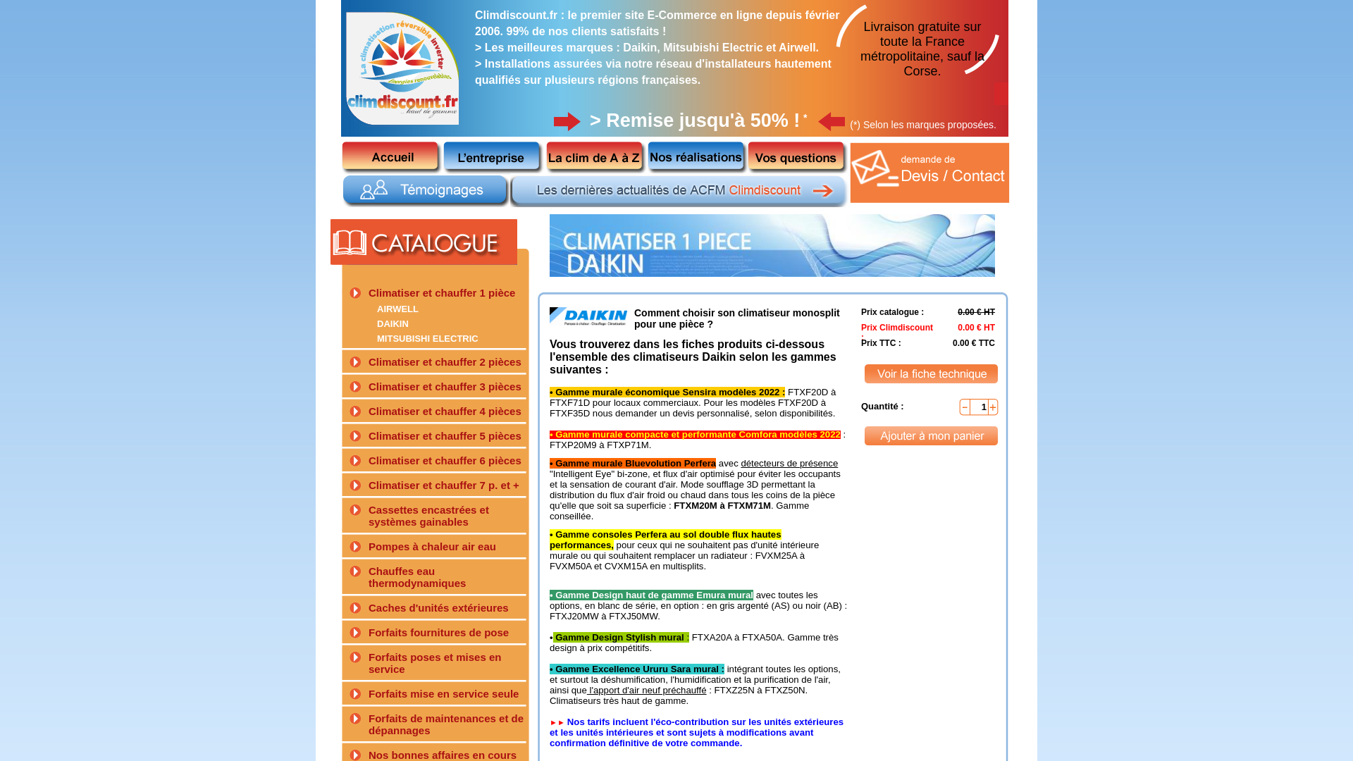 Capture d'écran de La climatisation réversible et pompes à chaleur à prix discounts. Les meilleurs marques : Daikin, Mitsubishi, Airwell. Installation assurée sur plusieurs régions françaises.