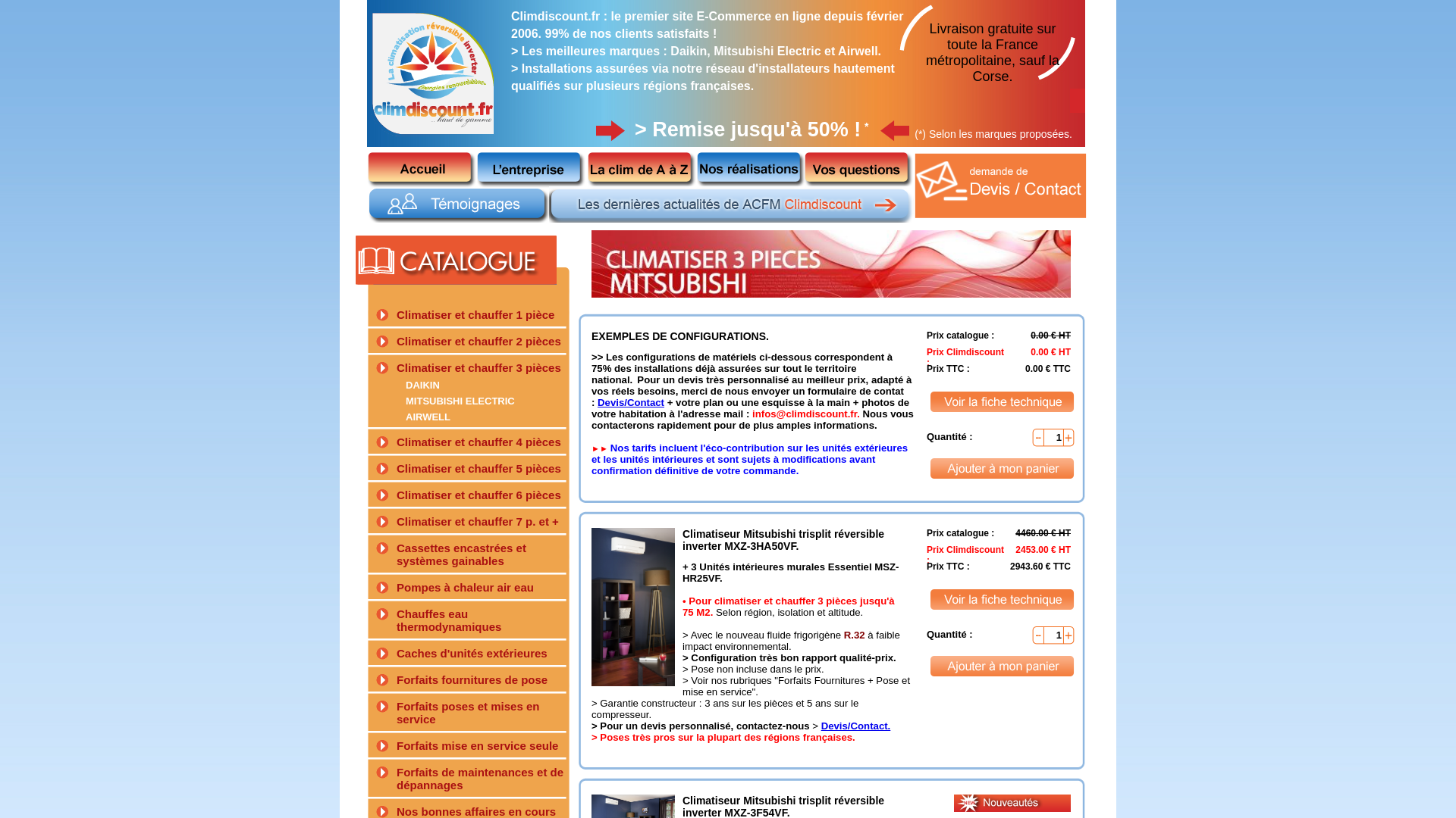 Capture d'écran de Climdiscount.fr les experts du haut de gamme à prix discount.fr, des milliers d'installations assurées depuis l'année 2000 et la mise en ligne de notre site en février 2006.