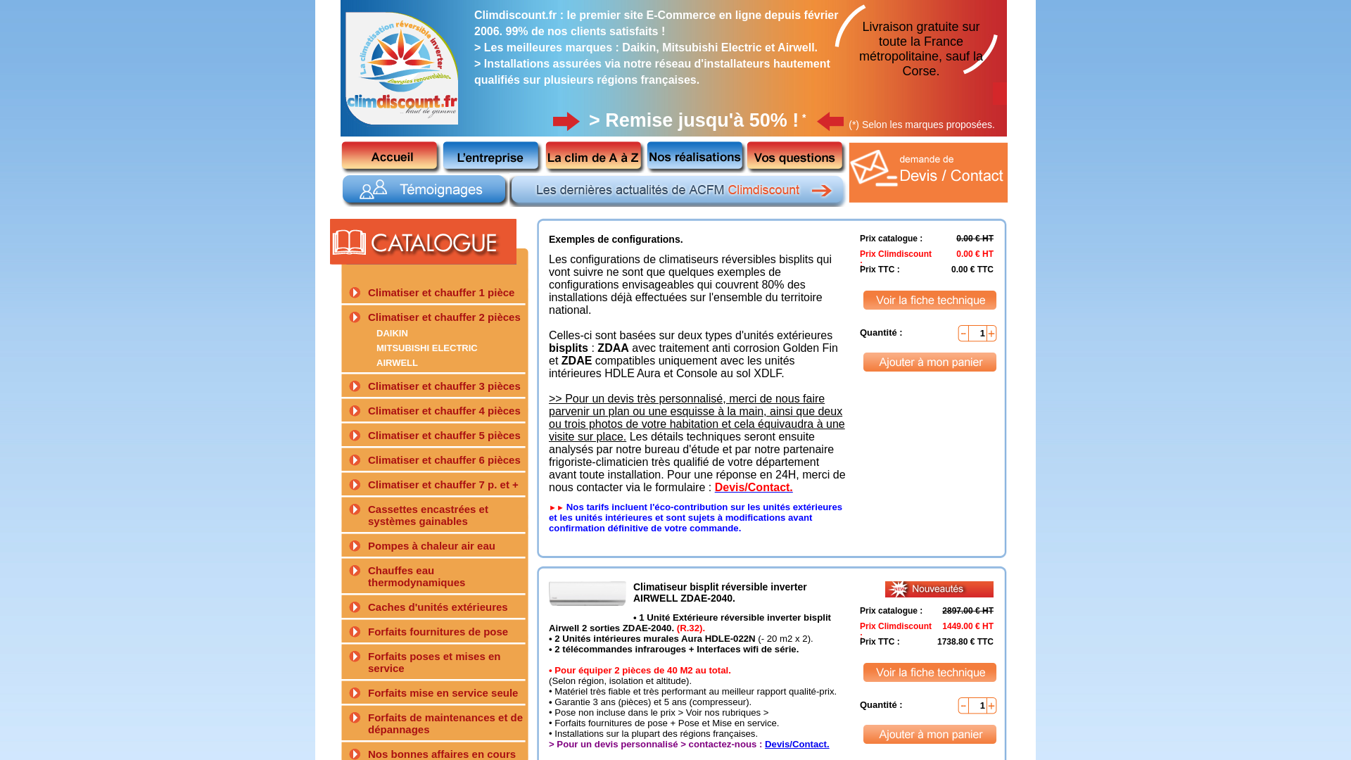 Capture d'écran de La climatisation réversible et pompes à chaleur haut de gamme à prix discounts. Les meilleurs marques : Daikin, Mitsubishi, Airwell. Installation assurée sur plusieurs régions françaises.