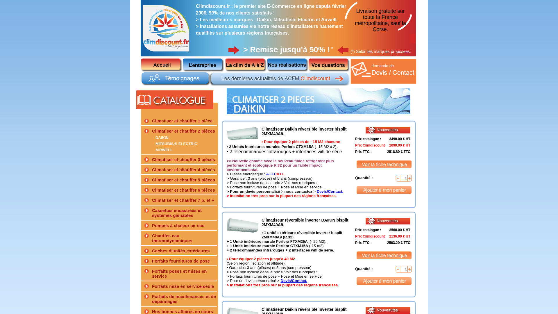 Capture d'écran de La climatisation réversible et pompes à chaleur à prix discounts. Les meilleurs marques : Daikin, Mitsubishi, Airwell. Installation assurée sur plusieurs régions françaises.