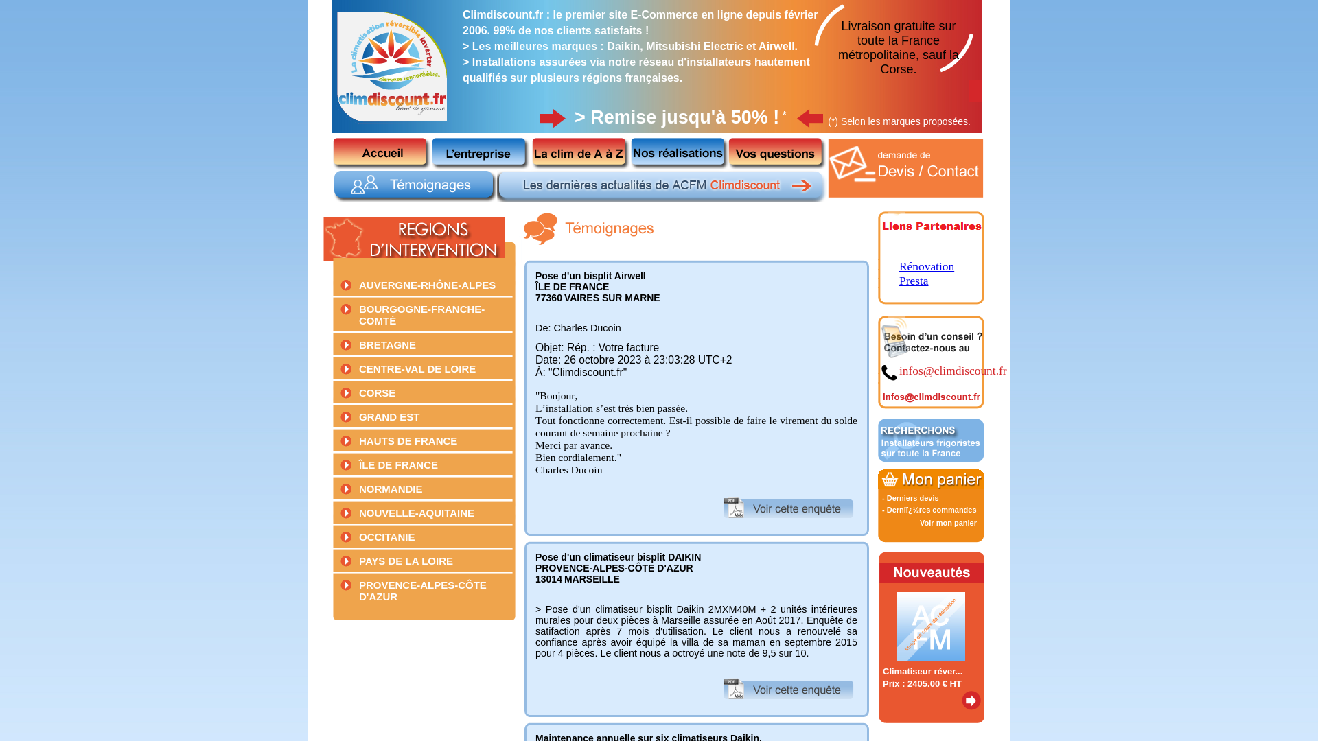 Capture d'écran de Climdiscount.fr : les experts de la climatisation réversible et des pompes à chaleur.