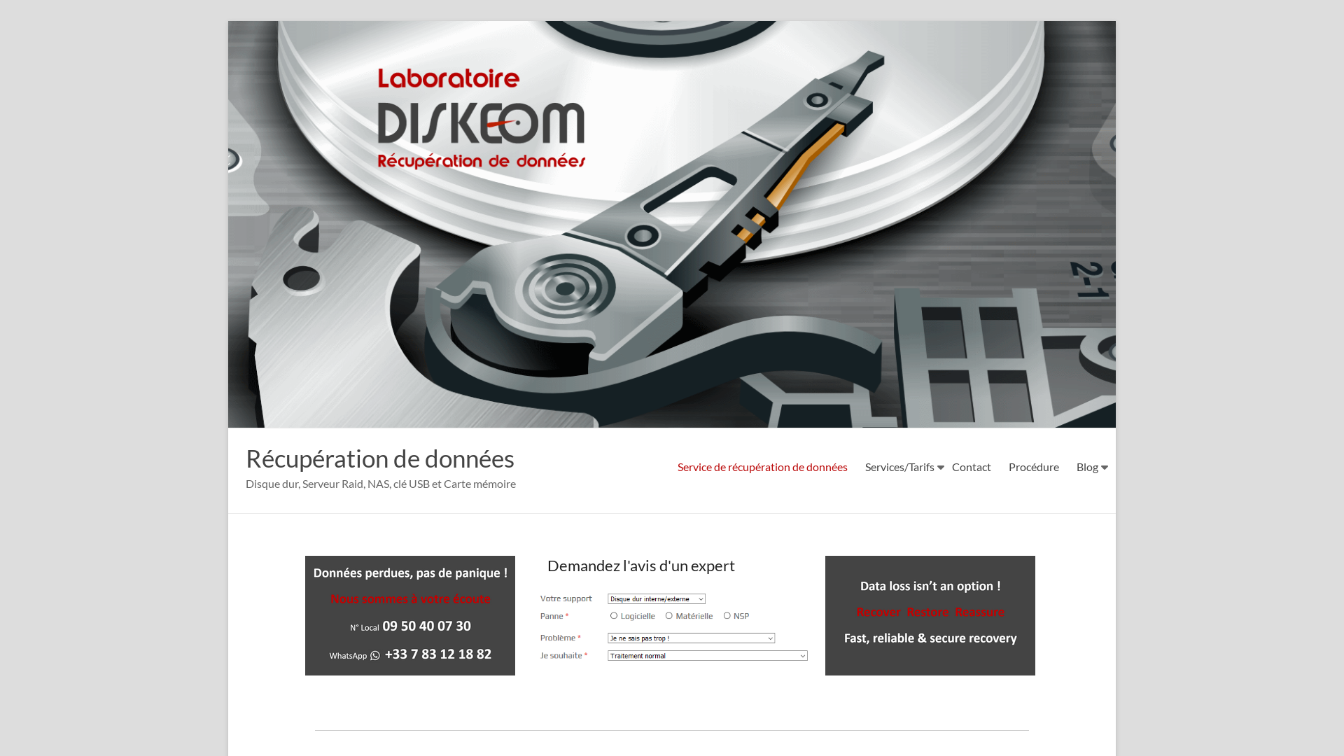 Capture d'écran de Diskeom, laboratoire de récupération de données à Paris.Diagnostic et devis gratuits.