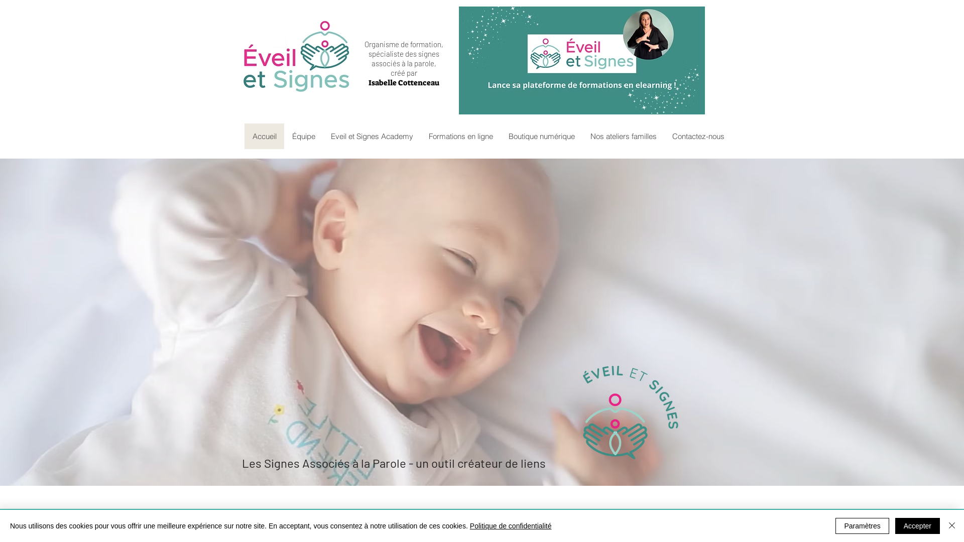 Capture d'écran de Eveil et Signes propose des formations en communication gestuelle associée à la parole, des ateliers de langue des signes bébé, à destination des familles et une boutique en ligne